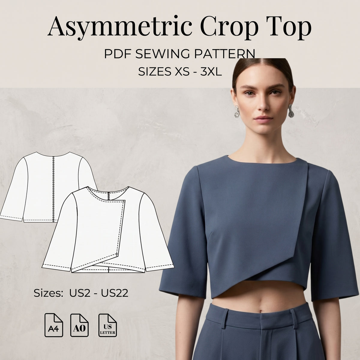 Asymmetric Crop Top PDF Sewing Pattern | XS-3XL | A4, A0 & US Letter