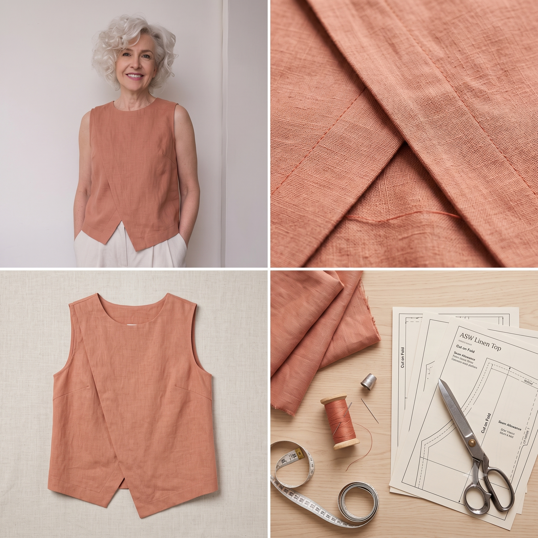 Linen Top Sewing Pattern PDF | Asymmetric Wrap Front Sleeveless Blouse Pattern, Minimalist Summer Top for Women, Sizes 0-22, Instant Download