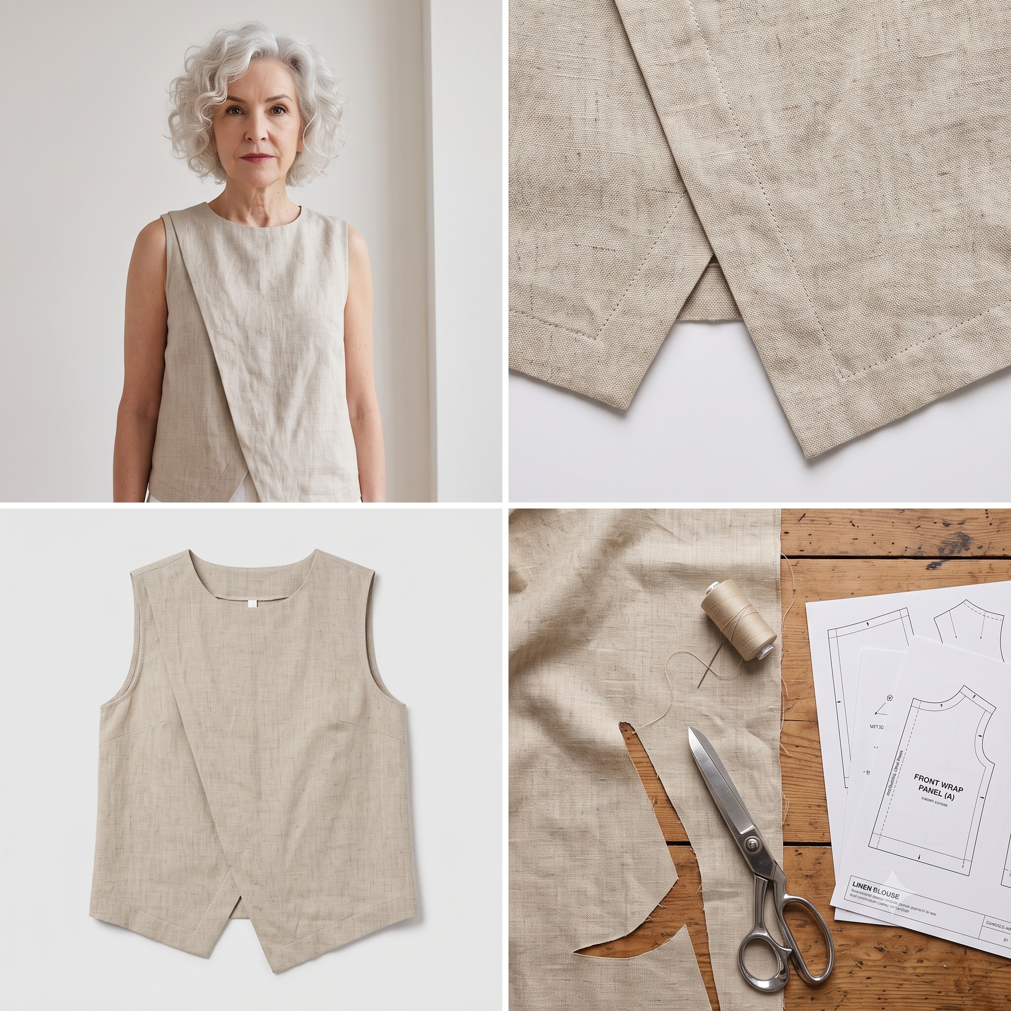 Linen Top Sewing Pattern PDF | Asymmetric Wrap Front Sleeveless Blouse Pattern, Minimalist Summer Top for Women, Sizes 0-22, Instant Download