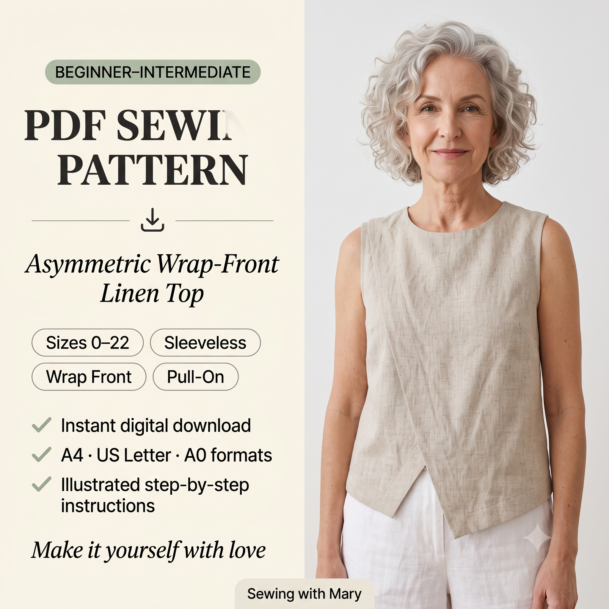 Linen Top Sewing Pattern PDF | Asymmetric Wrap Front Sleeveless Blouse Pattern, Minimalist Summer Top for Women, Sizes 0-22, Instant Download