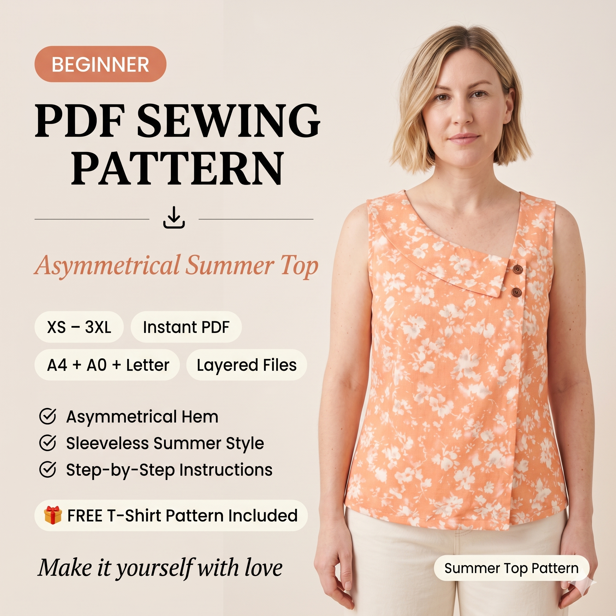 Asymmetrical Summer Top Sewing Pattern, Sleeveless Blouse PDF, Women's Casual Shirt DIY, Digital Pattern For Beginner, Sizes XS–3XL
