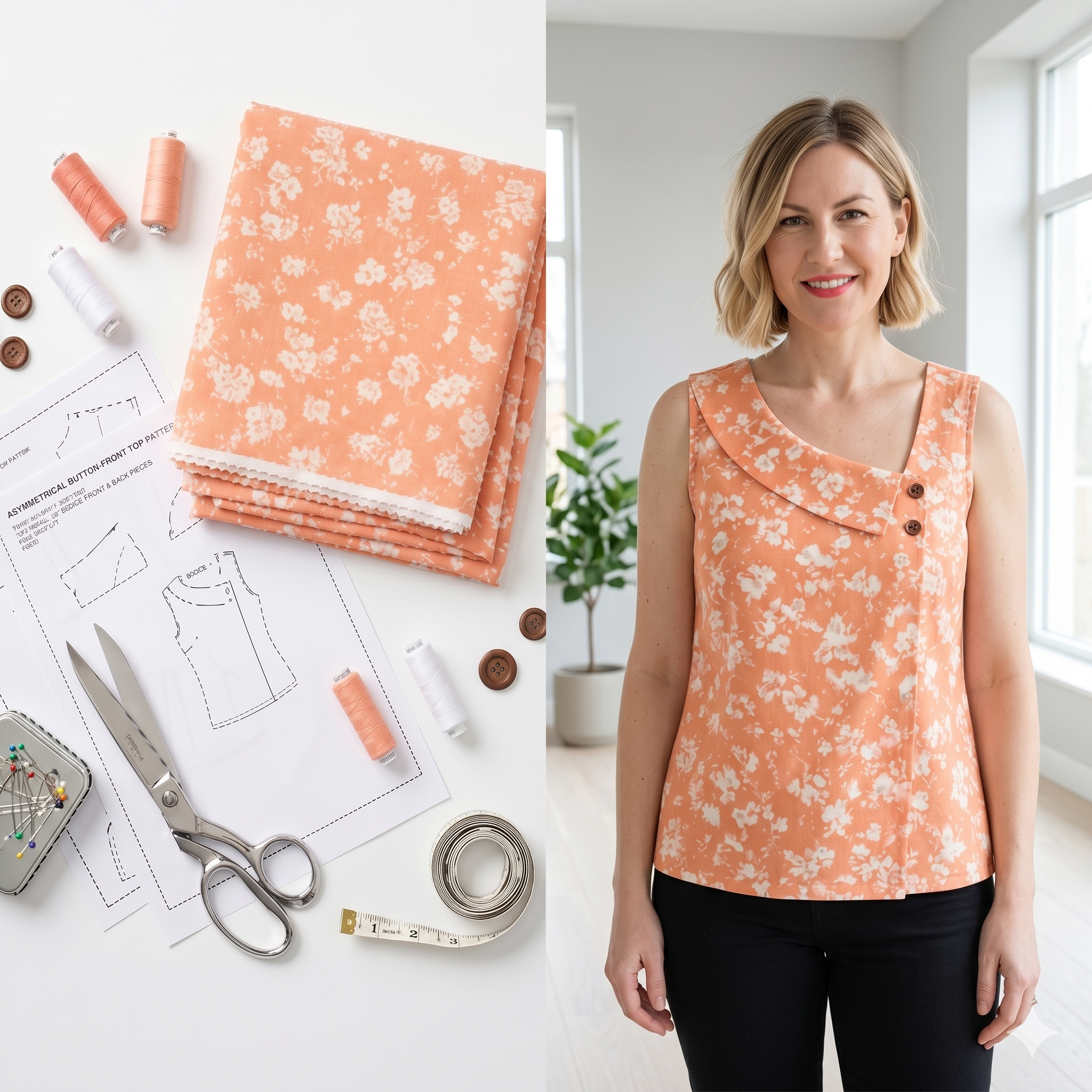 Asymmetrical Summer Top Sewing Pattern, Sleeveless Blouse PDF, Women's Casual Shirt DIY, Digital Pattern For Beginner, Sizes XS–3XL