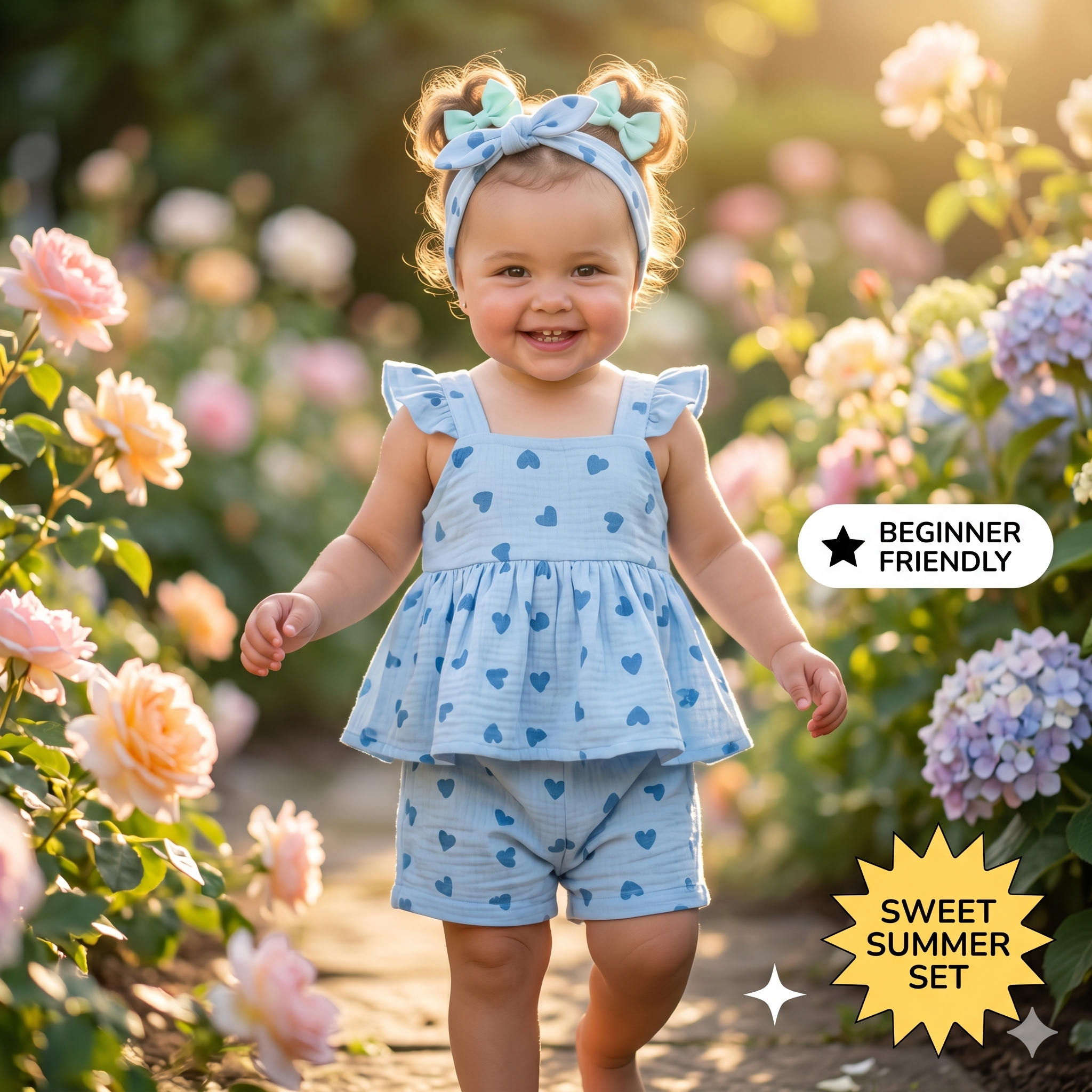 Baby Girl Romper Sewing Pattern PDF | Ruffle Peplum Top & Shorts Set, Heart Summer Outfit, Bow Headband, Sizes 0-3Y, Instant Download