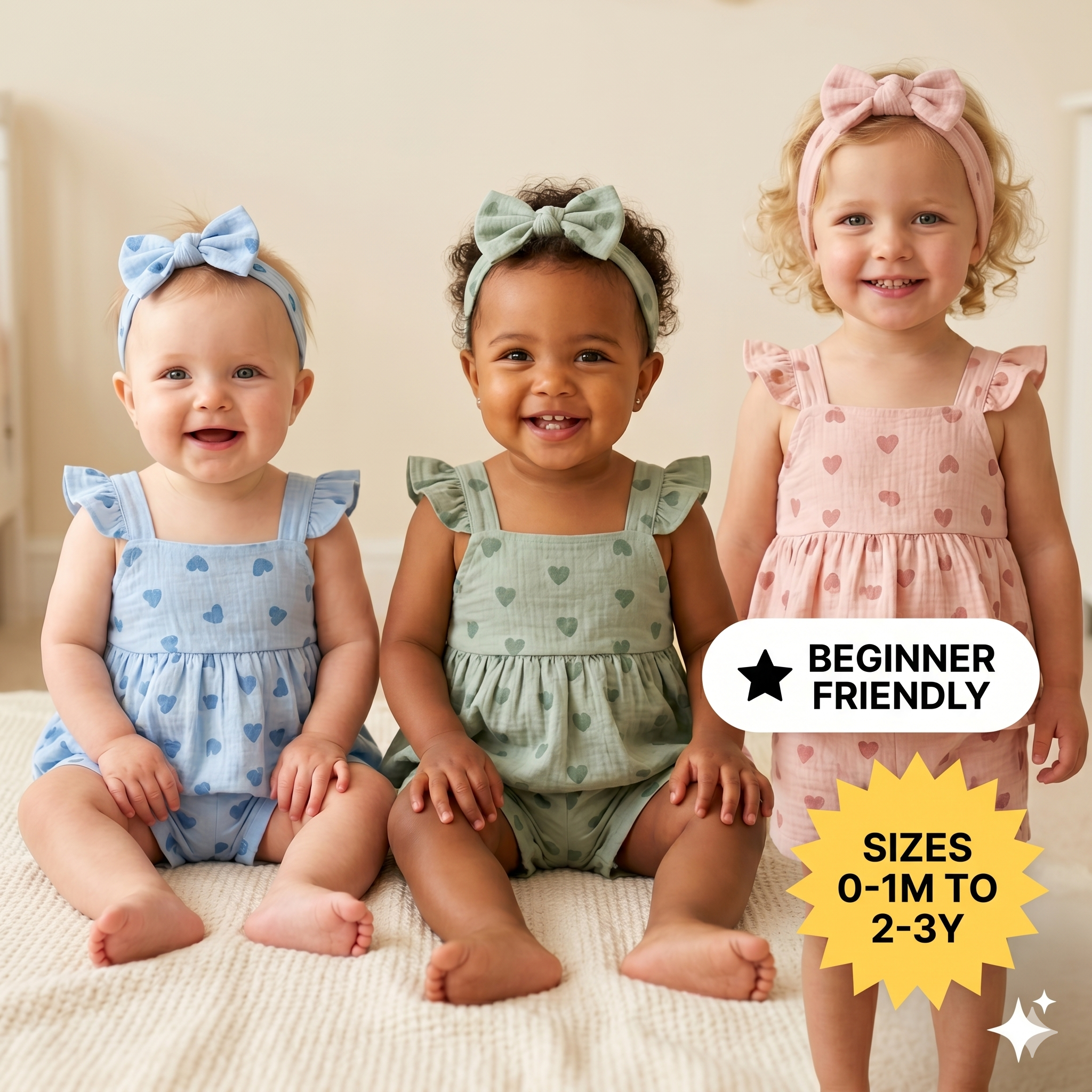 Baby Girl Romper Sewing Pattern PDF | Ruffle Peplum Top & Shorts Set, Heart Summer Outfit, Bow Headband, Sizes 0-3Y, Instant Download