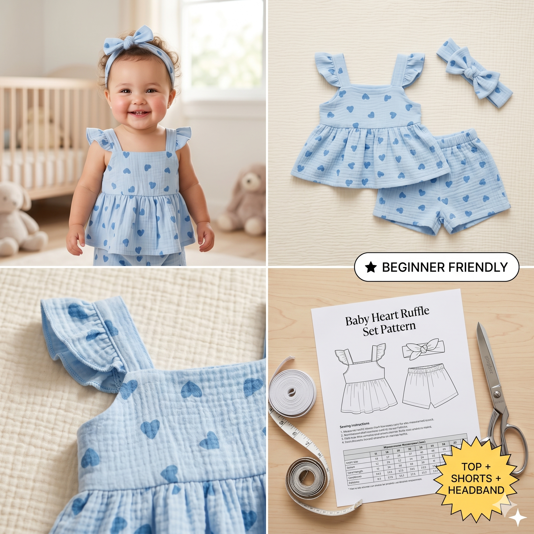 Baby Girl Heart Print Ruffle Peplum Top &amp; Shorts Set – Instant Download PDF Sewing Pattern