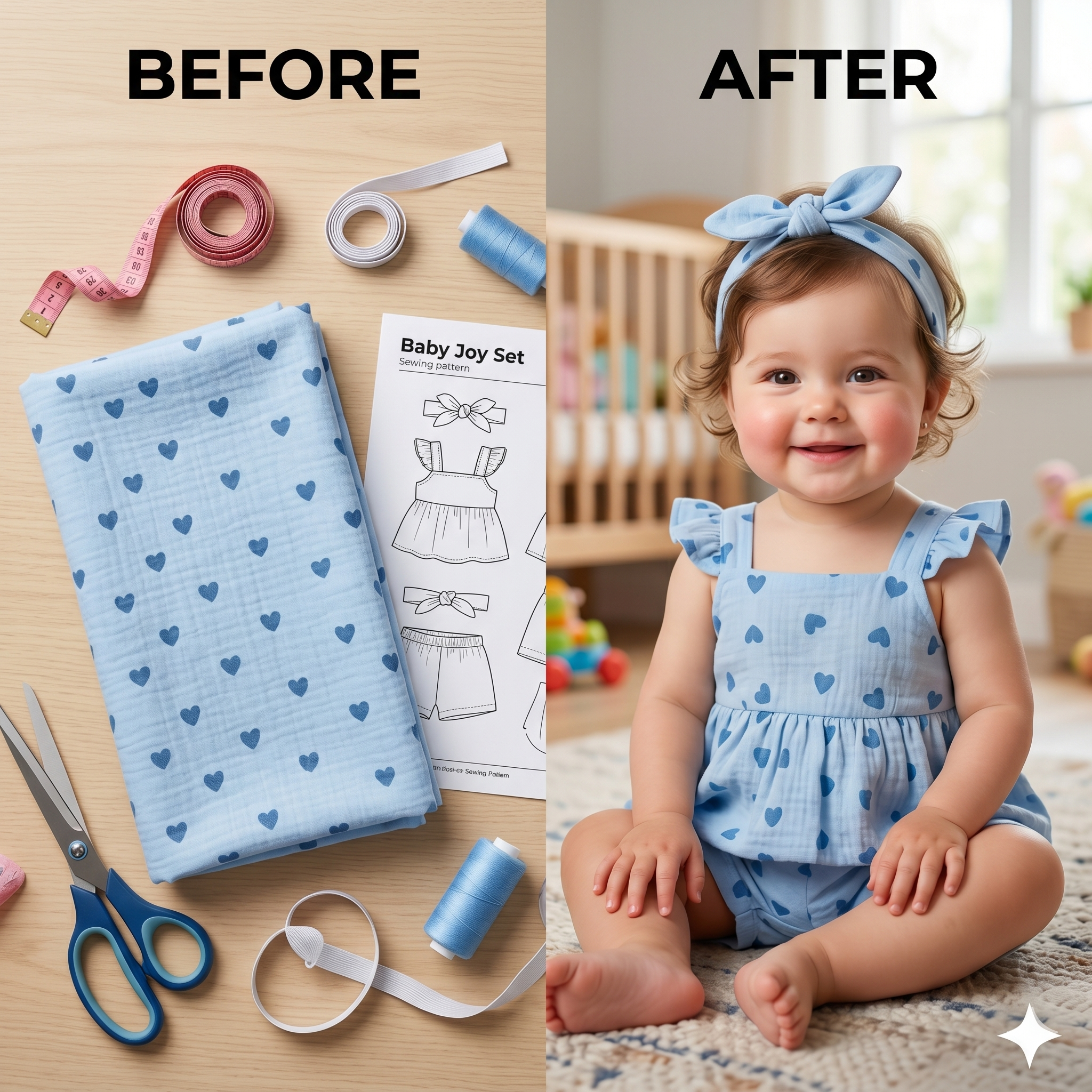 Baby Girl Romper Sewing Pattern PDF | Ruffle Peplum Top & Shorts Set, Heart Summer Outfit, Bow Headband, Sizes 0-3Y, Instant Download