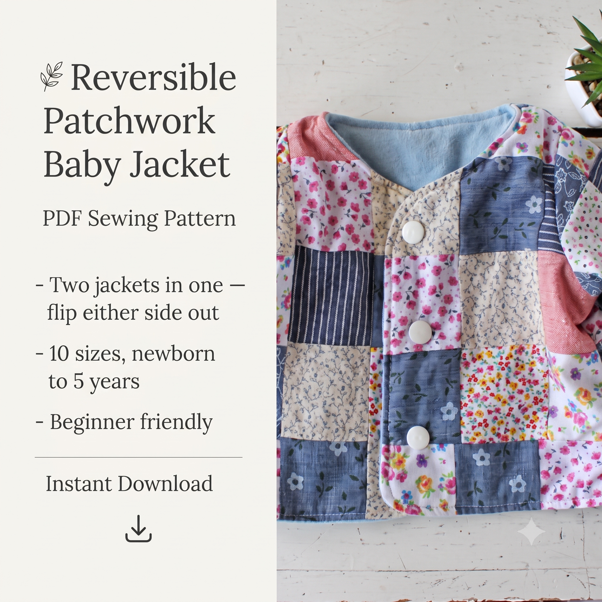 Reversible Baby Jacket PDF Sewing Pattern, Patchwork Baby Jacket Pattern, Newborn to 5 Years, 10 Sizes Instant Download