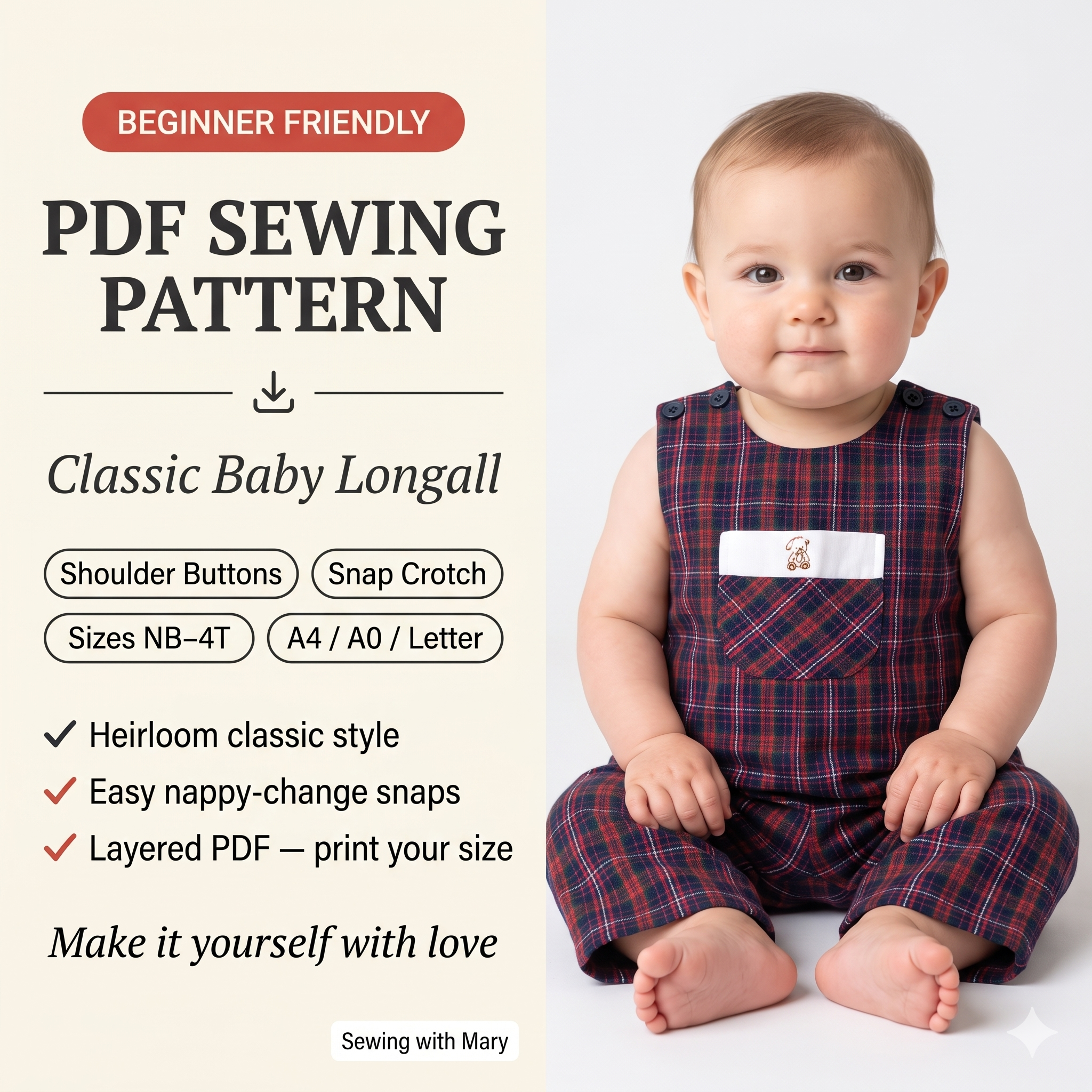 Baby Longall Romper — Sewing Pattern (PDF) | Classic Shoulder-Button Overall NB–4T