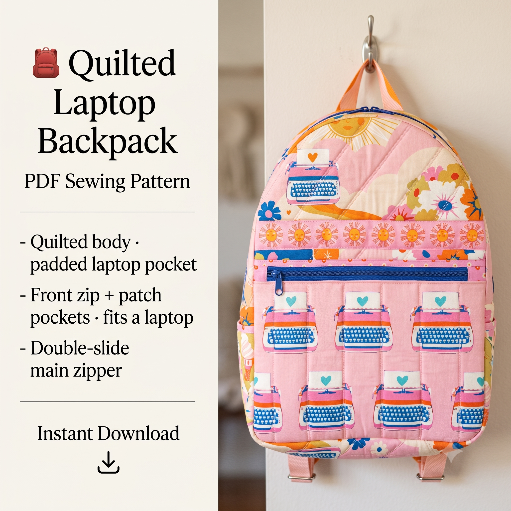 Backpack PDF Sewing Pattern, Quilted Laptop Backpack Pattern, School Bag Sewing Pattern, Travel Backpack Instant Download