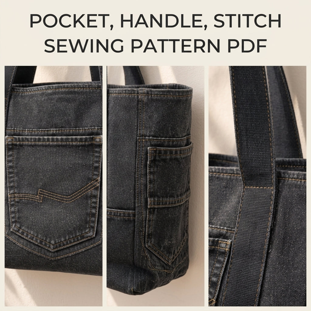 Black Denim Tote Sewing Pattern PDF – Upcycled Jeans Bag with Pockets