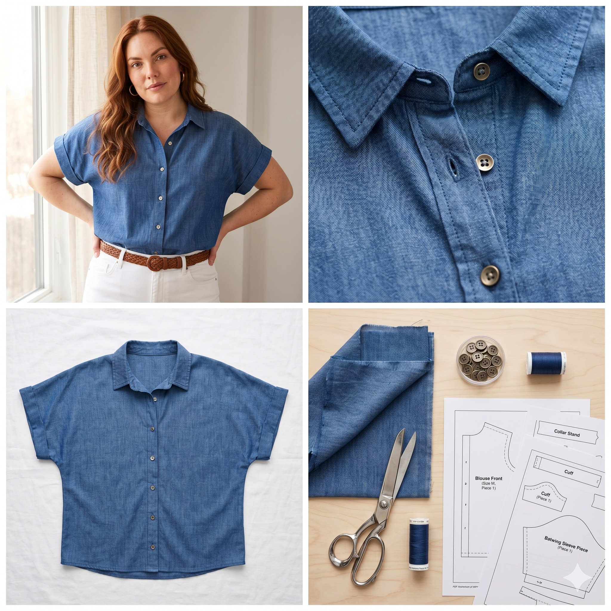 Batwing Blouse Sewing Pattern PDF | Button Up Shirt Pattern | Relaxed Fit Summer Blouse | Easy Beginner Pattern | Women Sewing Pattern