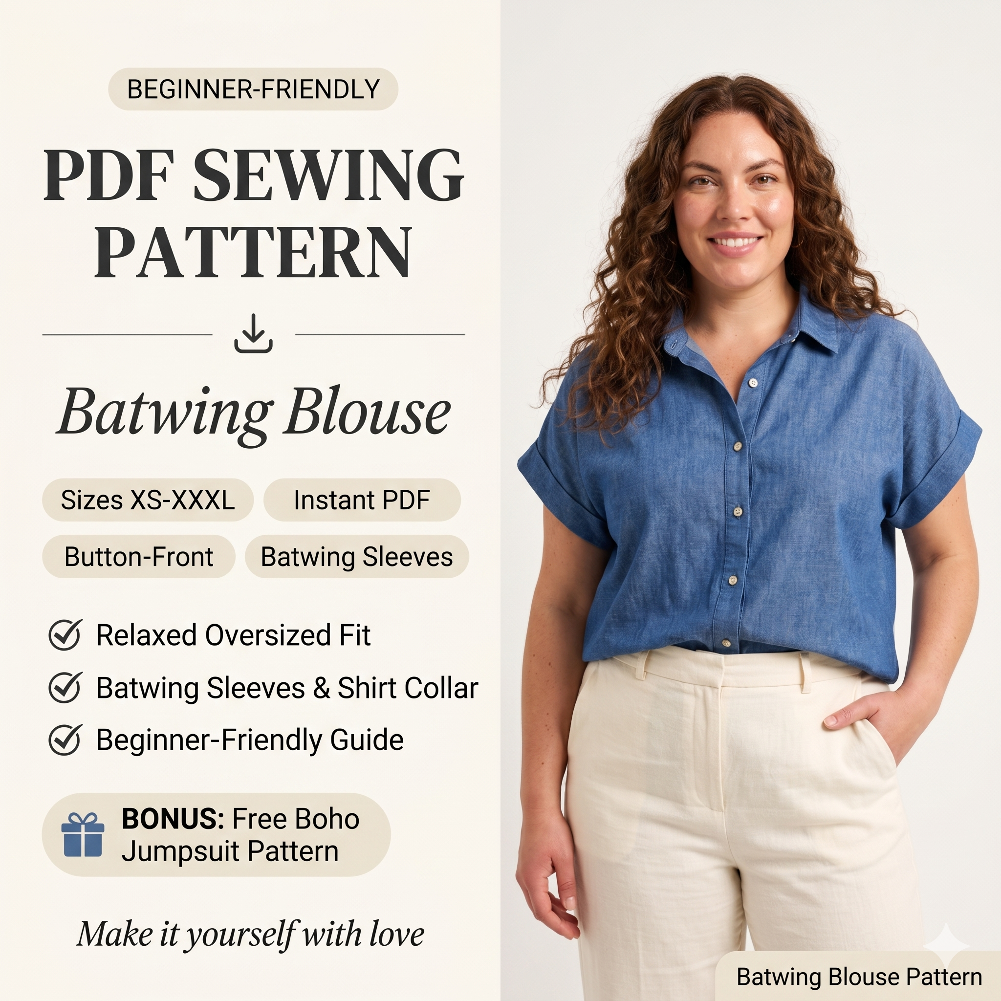 Batwing Blouse Sewing Pattern PDF | Button Up Shirt Pattern | Relaxed Fit Summer Blouse | Easy Beginner Pattern | Women Sewing Pattern
