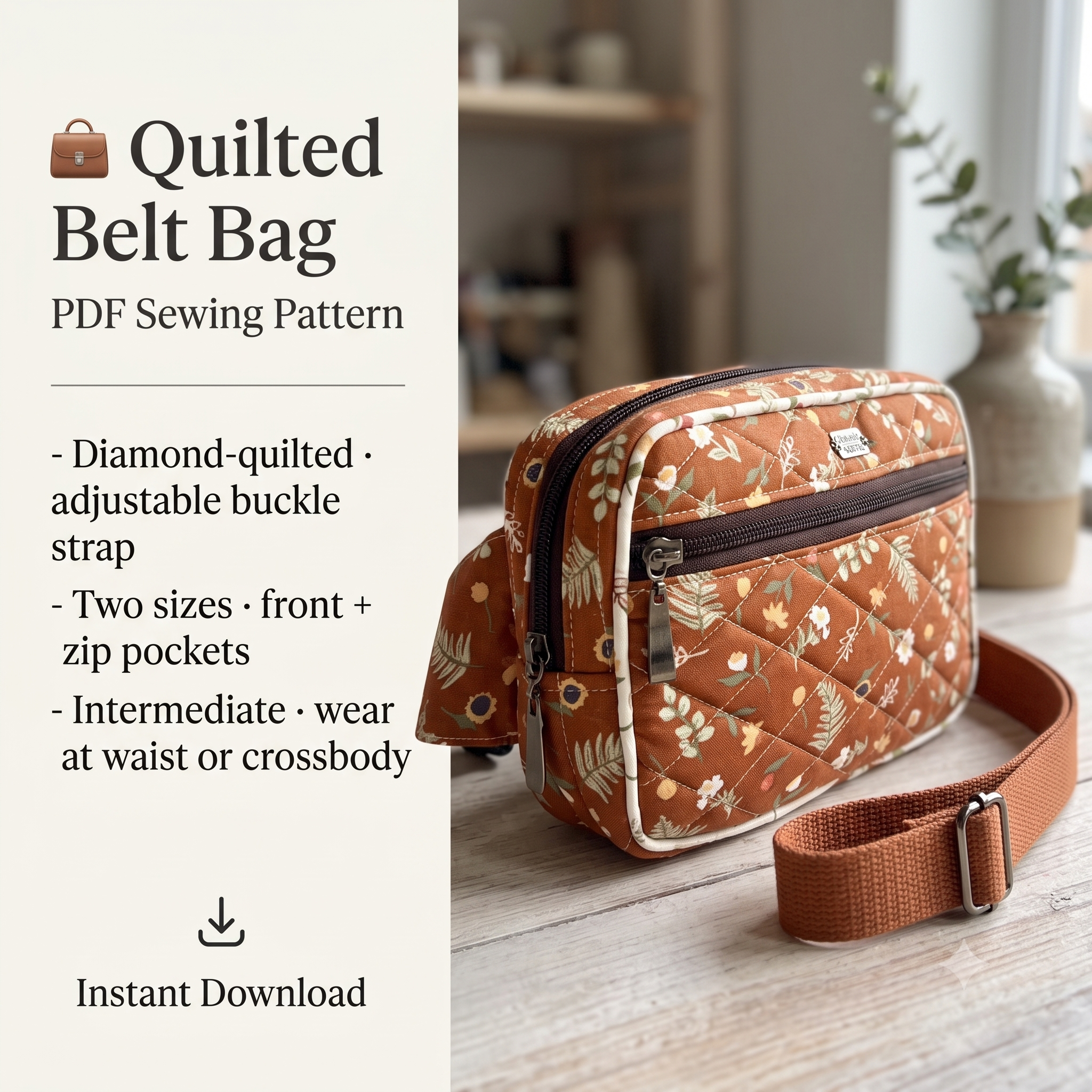 Belt Bag PDF Sewing Pattern, Quilted Bum Bag Pattern, 2 Sizes Fanny Pack Pattern, Adjustable Waist Bag Instant Download