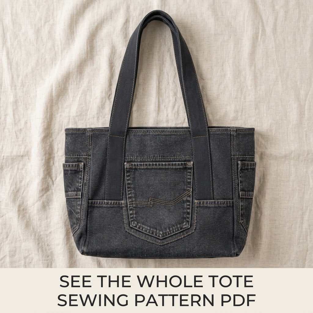 Black Denim Tote Sewing Pattern PDF – Upcycled Jeans Bag with Pockets