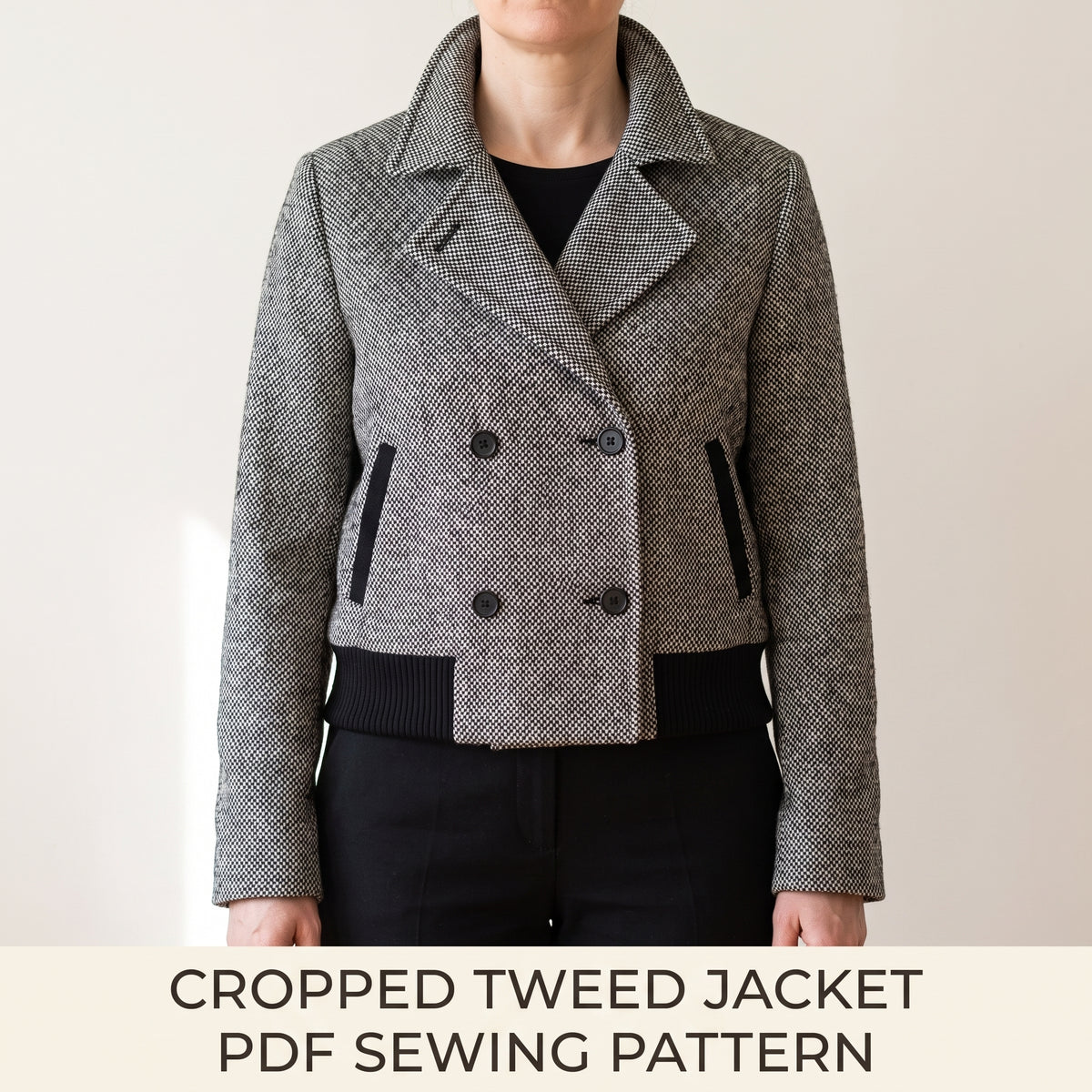 Cropped Double Breasted Jacket Sewing Pattern PDF | Womens Tweed Blazer with Knit Hem Band | US 0-22 XS-XXL | A0 A4 Letter