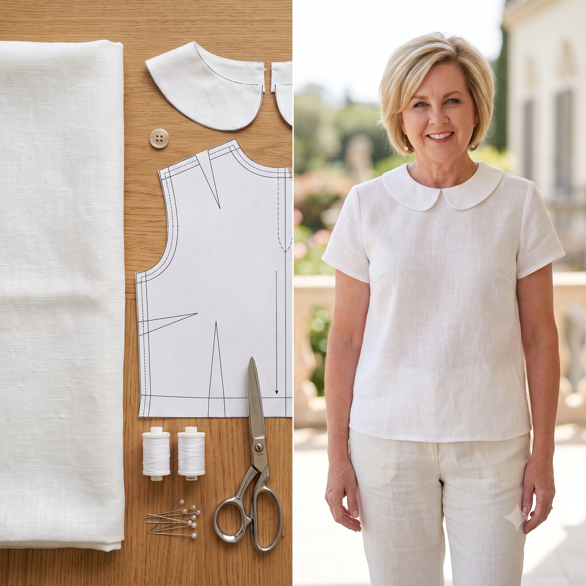 Peter Pan Collar Blouse Sewing Pattern PDF, Linen Short Sleeve Top, Lined Collar, Back Keyhole, Made to Measure, Bilingual FR/EN, Sizes 34–56