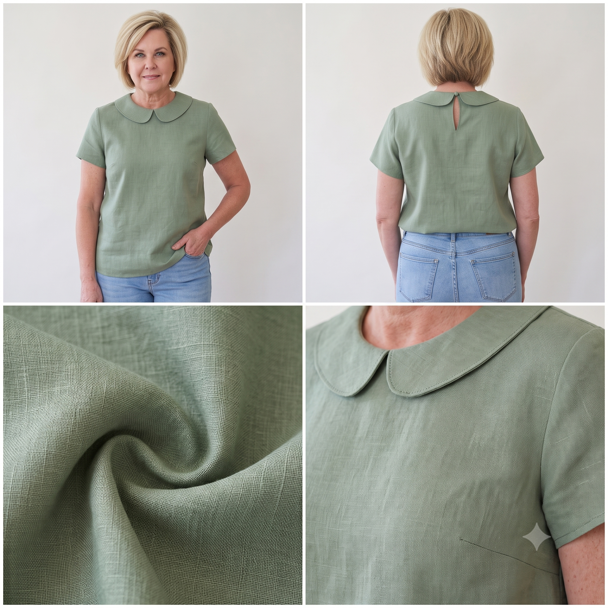 Peter Pan Collar Blouse Sewing Pattern PDF, Linen Short Sleeve Top, Lined Collar, Back Keyhole, Made to Measure, Bilingual FR/EN, Sizes 34–56