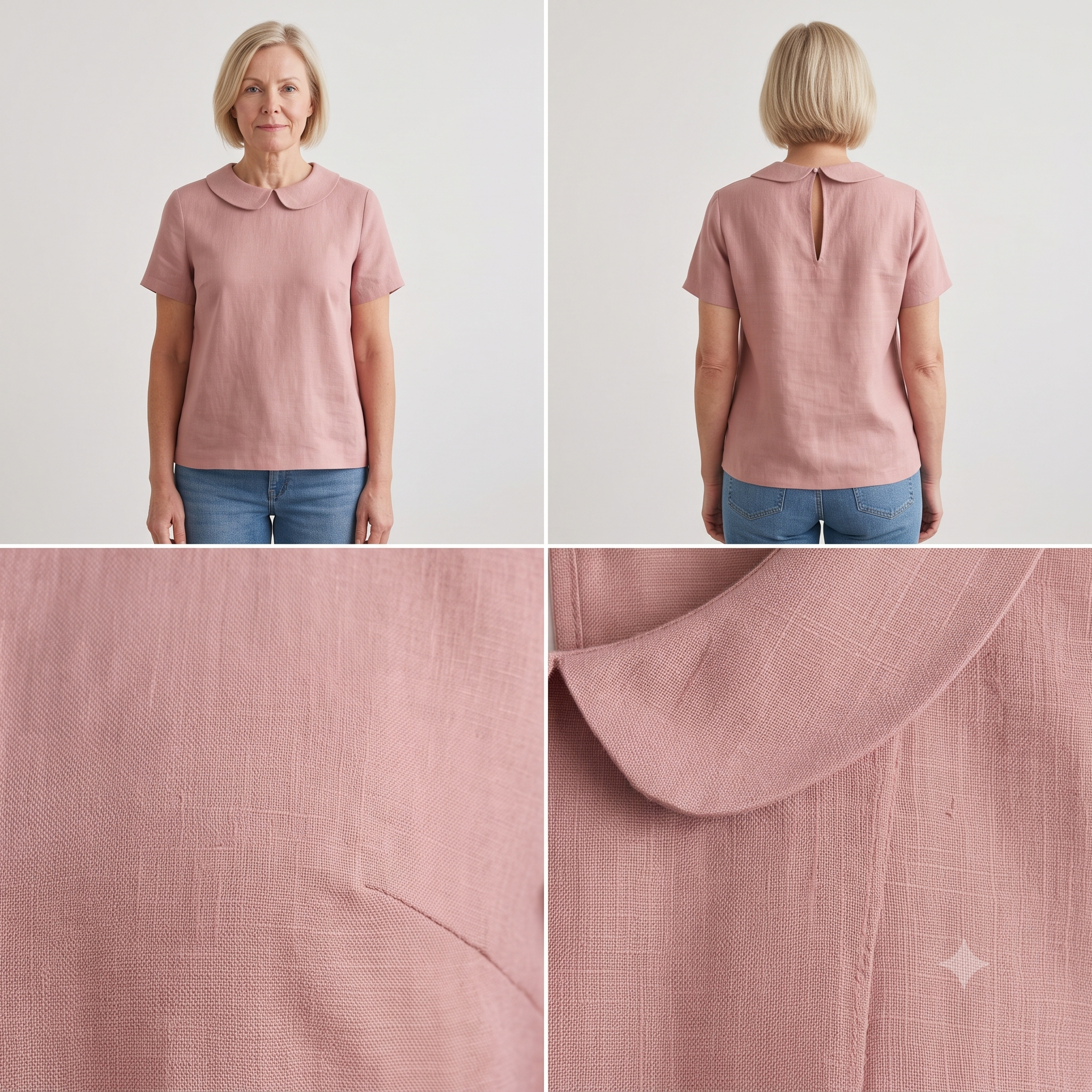 Peter Pan Collar Blouse Sewing Pattern PDF, Linen Short Sleeve Top, Lined Collar, Back Keyhole, Made to Measure, Bilingual FR/EN, Sizes 34–56