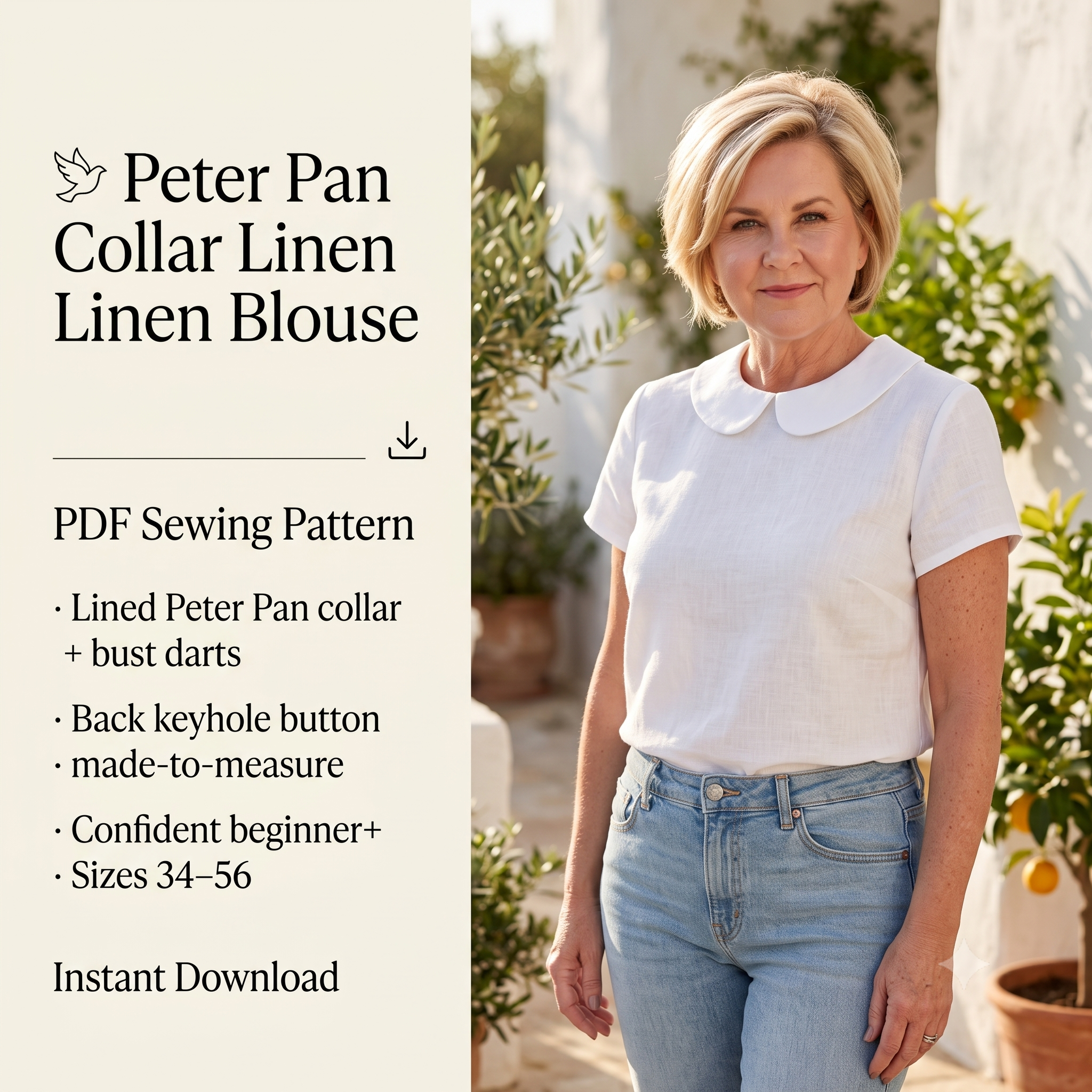 Peter Pan Collar Blouse Sewing Pattern PDF, Linen Short Sleeve Top, Lined Collar, Back Keyhole, Made to Measure, Bilingual FR/EN, Sizes 34–56