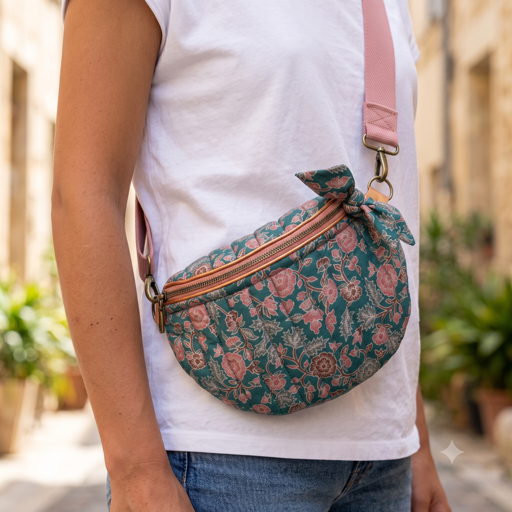Quilted Belt Bag PDF Sewing Pattern | Crescent Bum Bag, Floral Block-Print | Adjustable Crossbody Strap, Zip Pocket | Beginner Friendly