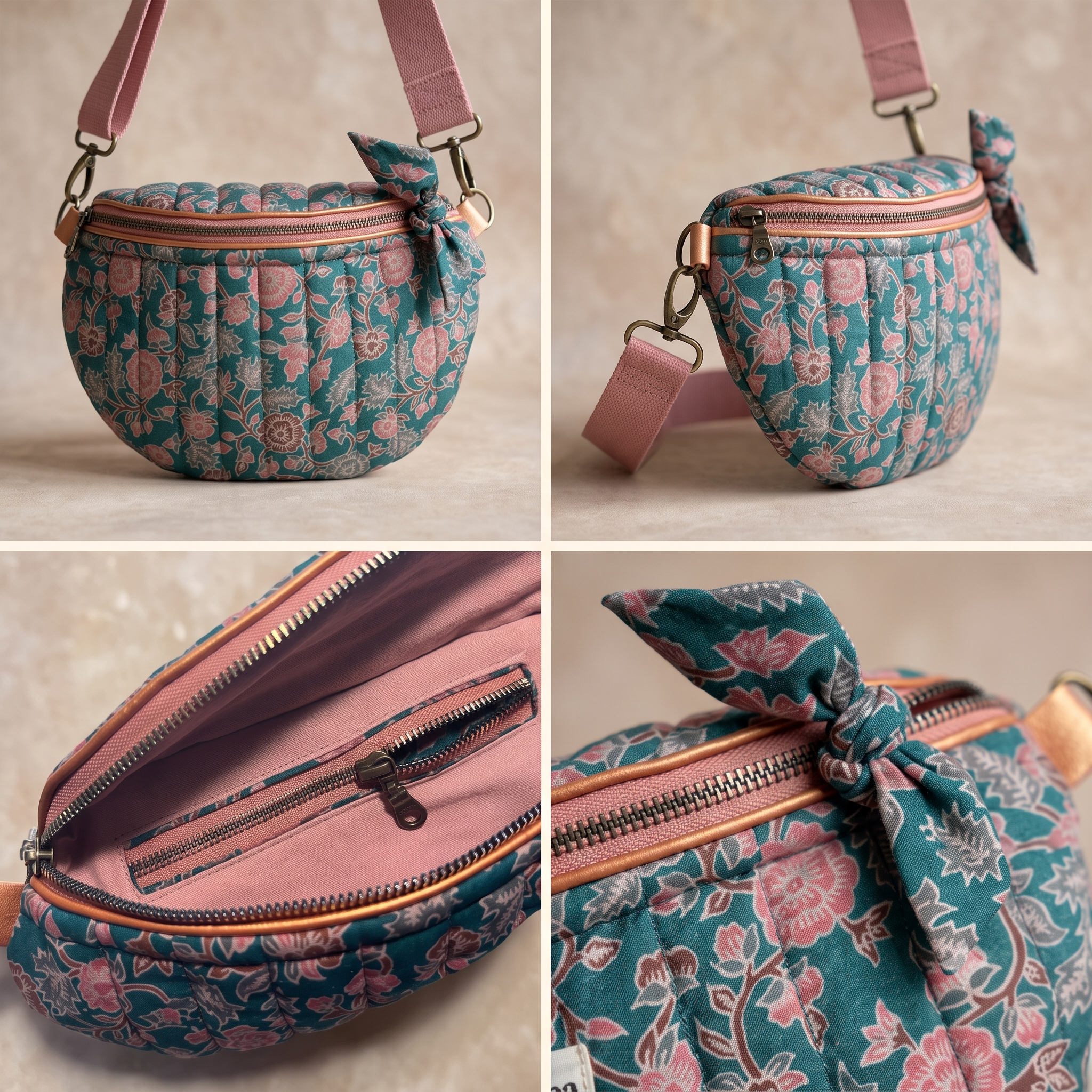 Quilted Belt Bag PDF Sewing Pattern | Crescent Bum Bag, Floral Block-Print | Adjustable Crossbody Strap, Zip Pocket | Beginner Friendly