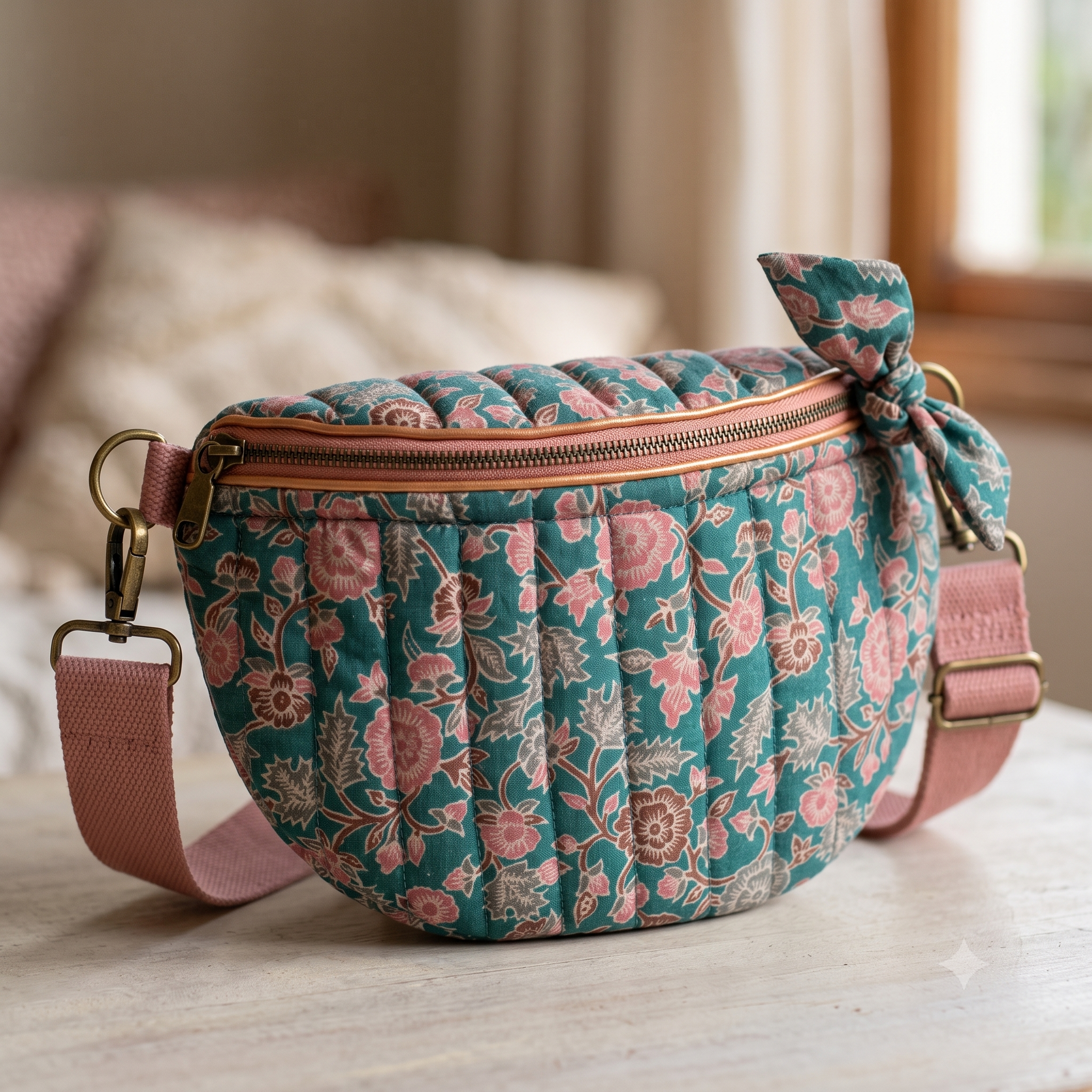 Quilted Belt Bag PDF Sewing Pattern | Crescent Bum Bag, Floral Block-Print | Adjustable Crossbody Strap, Zip Pocket | Beginner Friendly