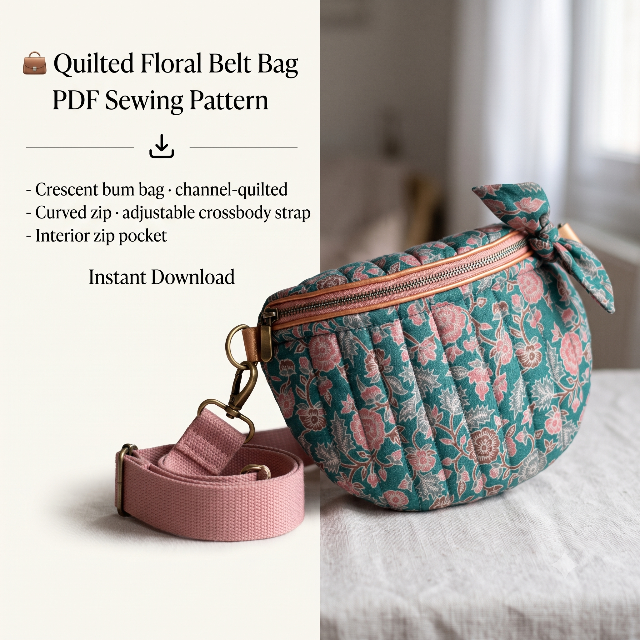 Quilted Belt Bag PDF Sewing Pattern | Crescent Bum Bag, Floral Block-Print | Adjustable Crossbody Strap, Zip Pocket | Beginner Friendly
