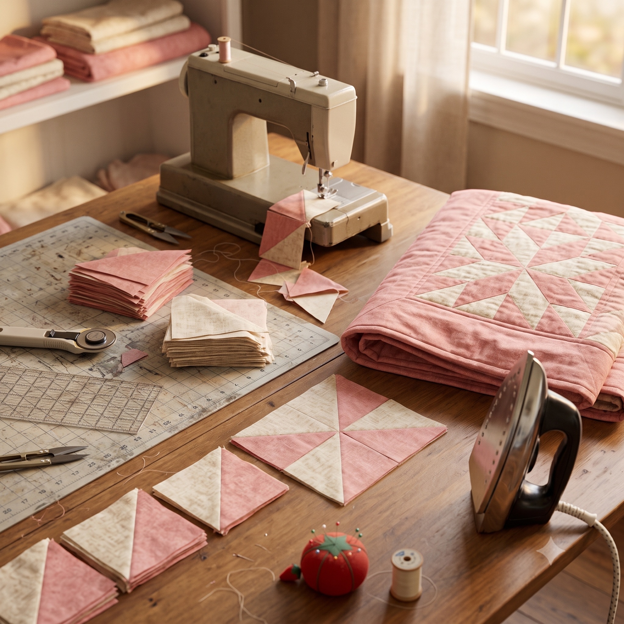 Blush Blossom Quilt Pattern PDF, Pink Cream Patchwork Quilt, Romantic HST Quilt Pattern, Digital Download