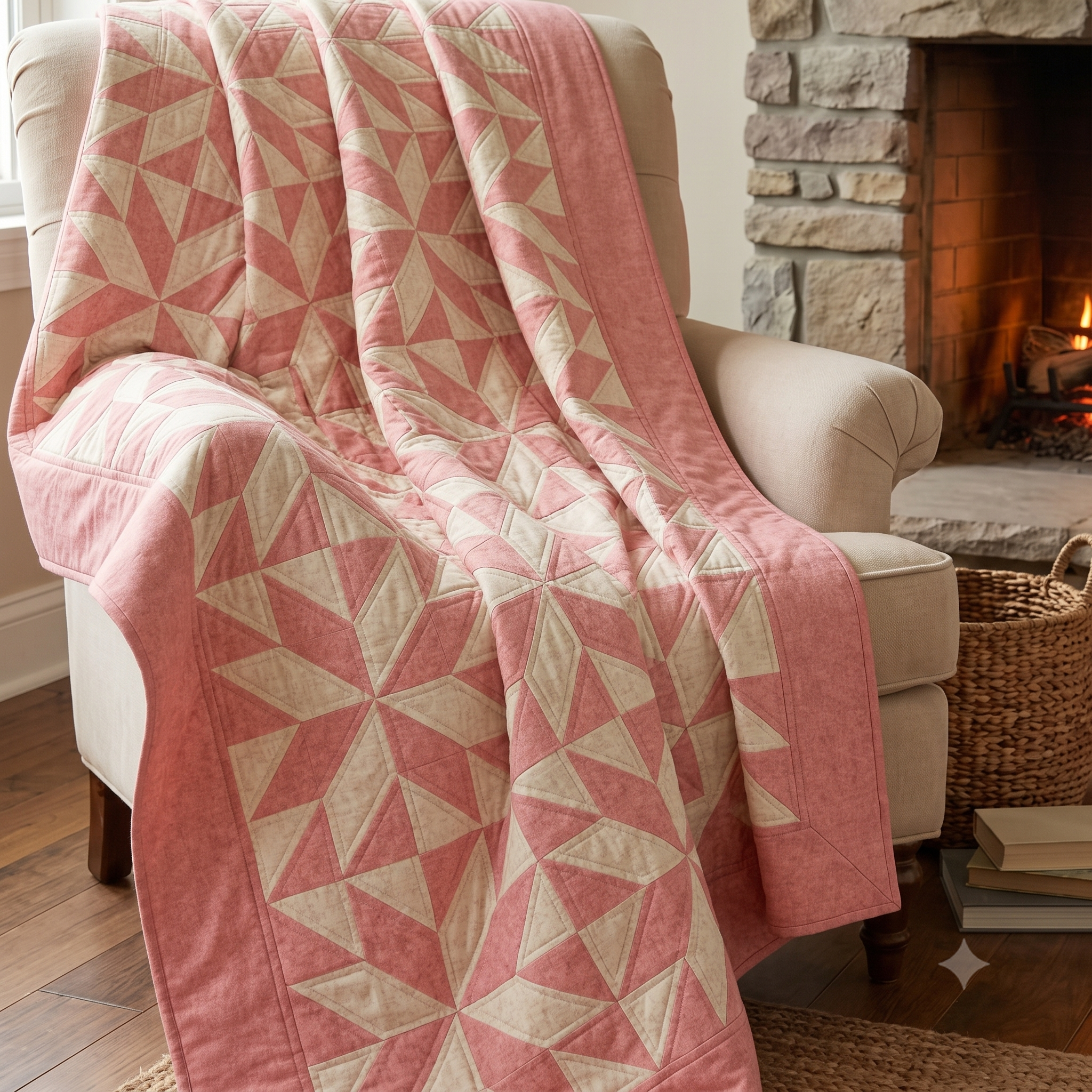 Blush Blossom Quilt Pattern PDF, Pink Cream Patchwork Quilt, Romantic HST Quilt Pattern, Digital Download