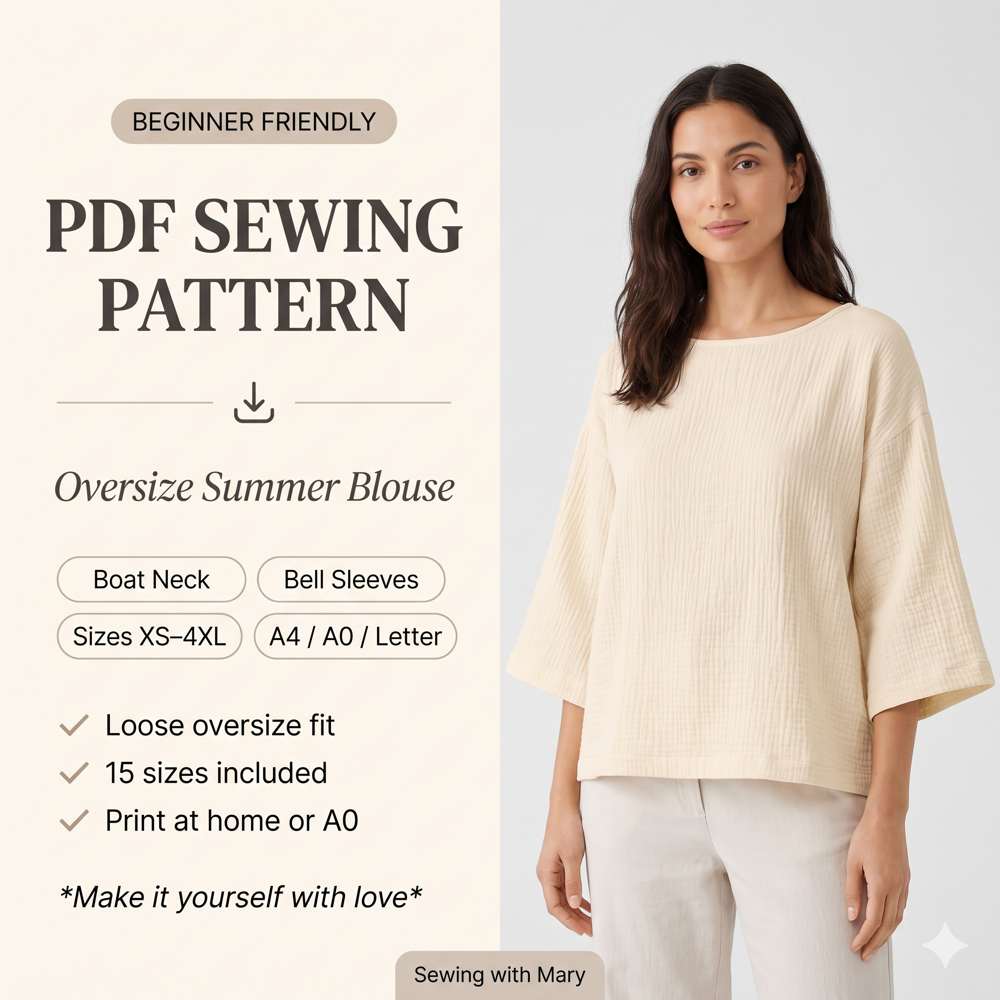 Oversized Boat Neck Blouse — Sewing Pattern (PDF) | Bell Sleeve Summer Top
