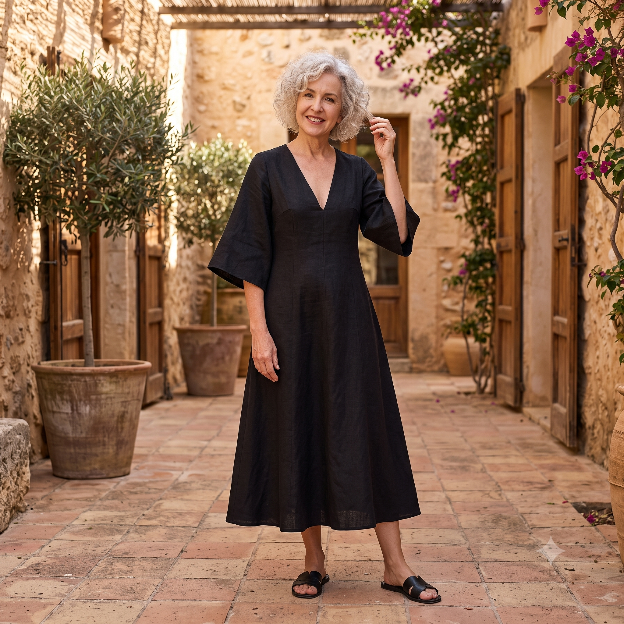 Linen Midi Dress Sewing Pattern PDF, Flared Sleeve Dress Pattern, Loose Fit Linen Dress, V Neck Midi Dress, Women's Sewing Pattern US 2–30