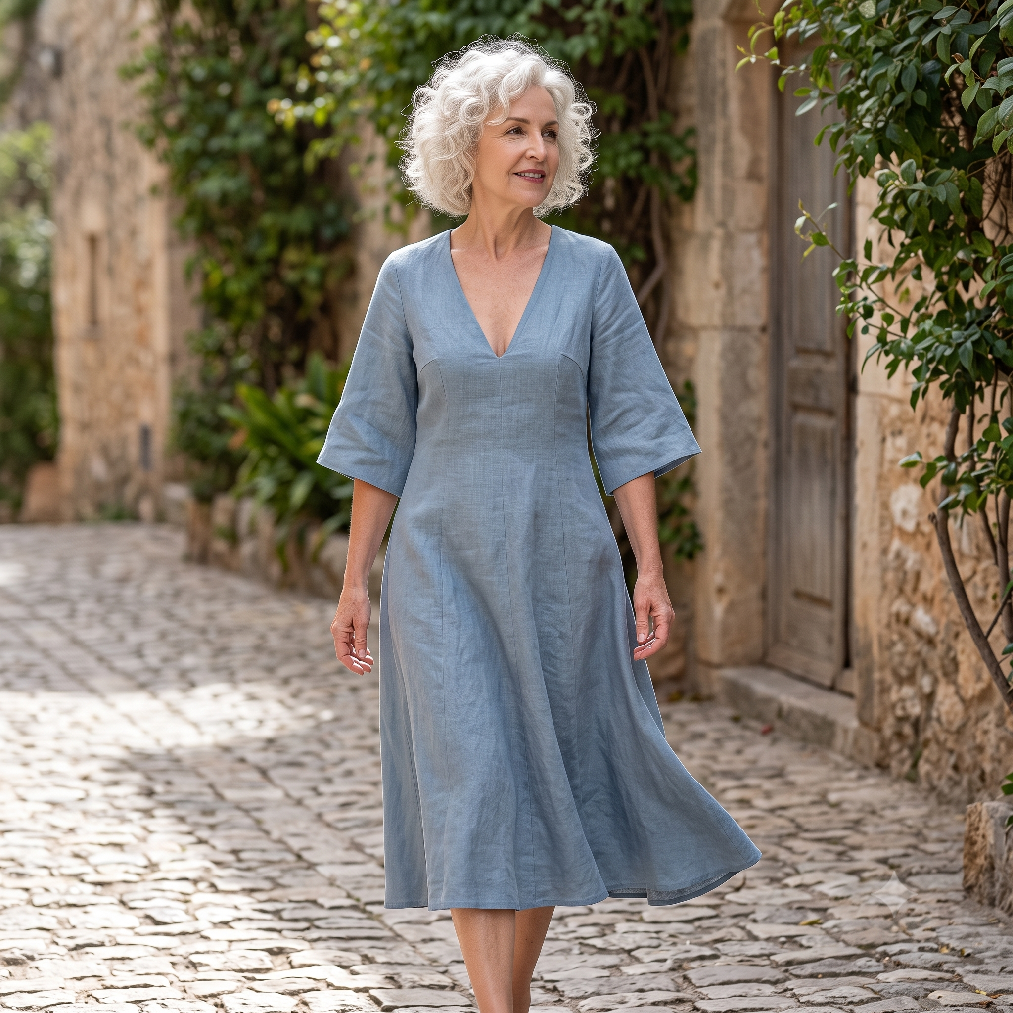 Linen Midi Dress Sewing Pattern PDF, Flared Sleeve Dress Pattern, Loose Fit Linen Dress, V Neck Midi Dress, Women's Sewing Pattern US 2–30