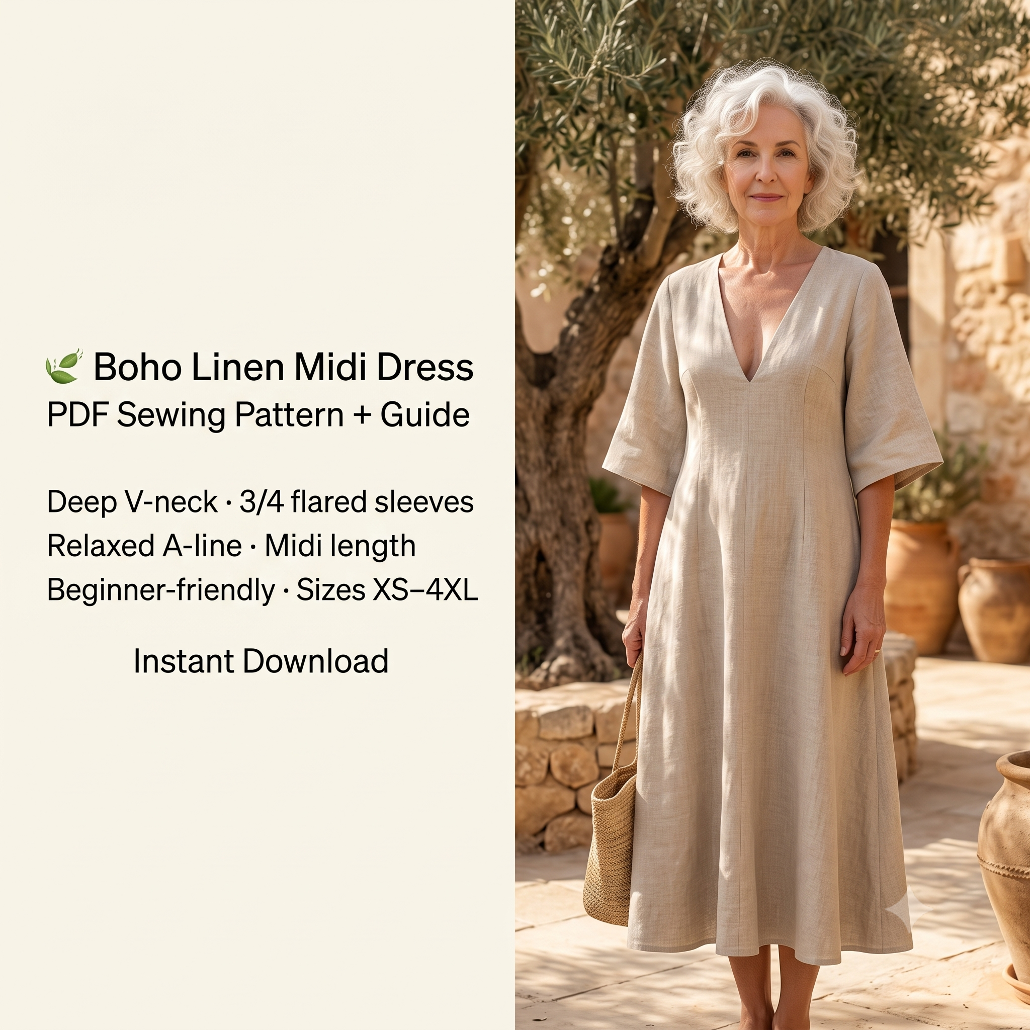 Linen Midi Dress Sewing Pattern PDF, Flared Sleeve Dress Pattern, Loose Fit Linen Dress, V Neck Midi Dress, Women's Sewing Pattern US 2–30