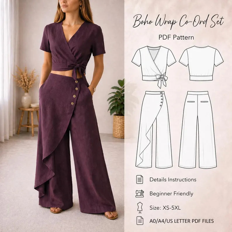 Boho Wrap Co-Ord Set PDF Sewing Pattern, Wide Leg Pants, Linen Outfit (Digital Download)
