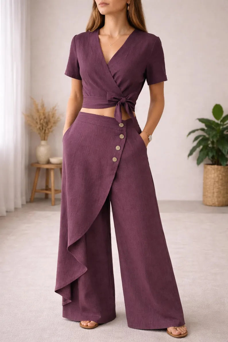 Boho Wrap Co-Ord Set PDF Sewing Pattern, Wide Leg Pants, Linen Outfit (Digital Download)