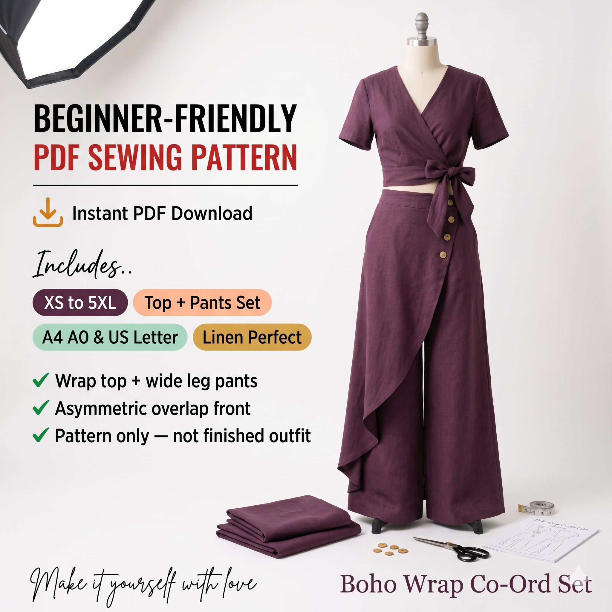 Boho Wrap Co-Ord Set PDF Sewing Pattern, Wide Leg Pants, Linen Outfit (Digital Download)