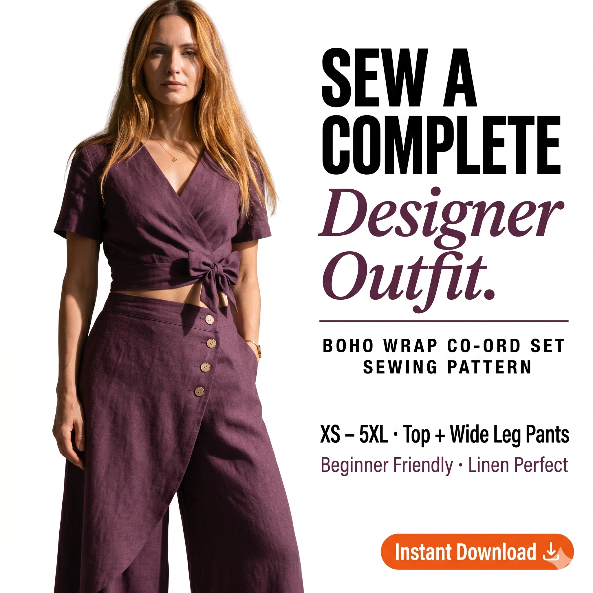 Boho Wrap Co-Ord Set PDF Sewing Pattern, Wide Leg Pants, Linen Outfit (Digital Download)