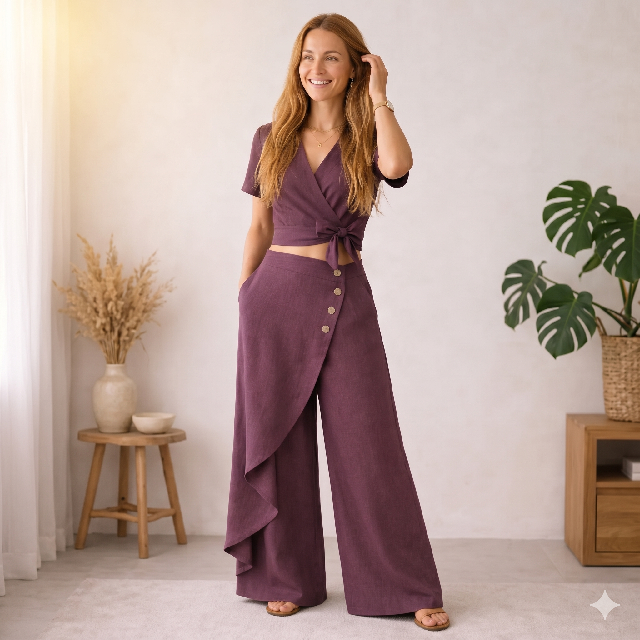 Boho Wrap Co-Ord Set PDF Sewing Pattern, Wide Leg Pants, Linen Outfit (Digital Download)