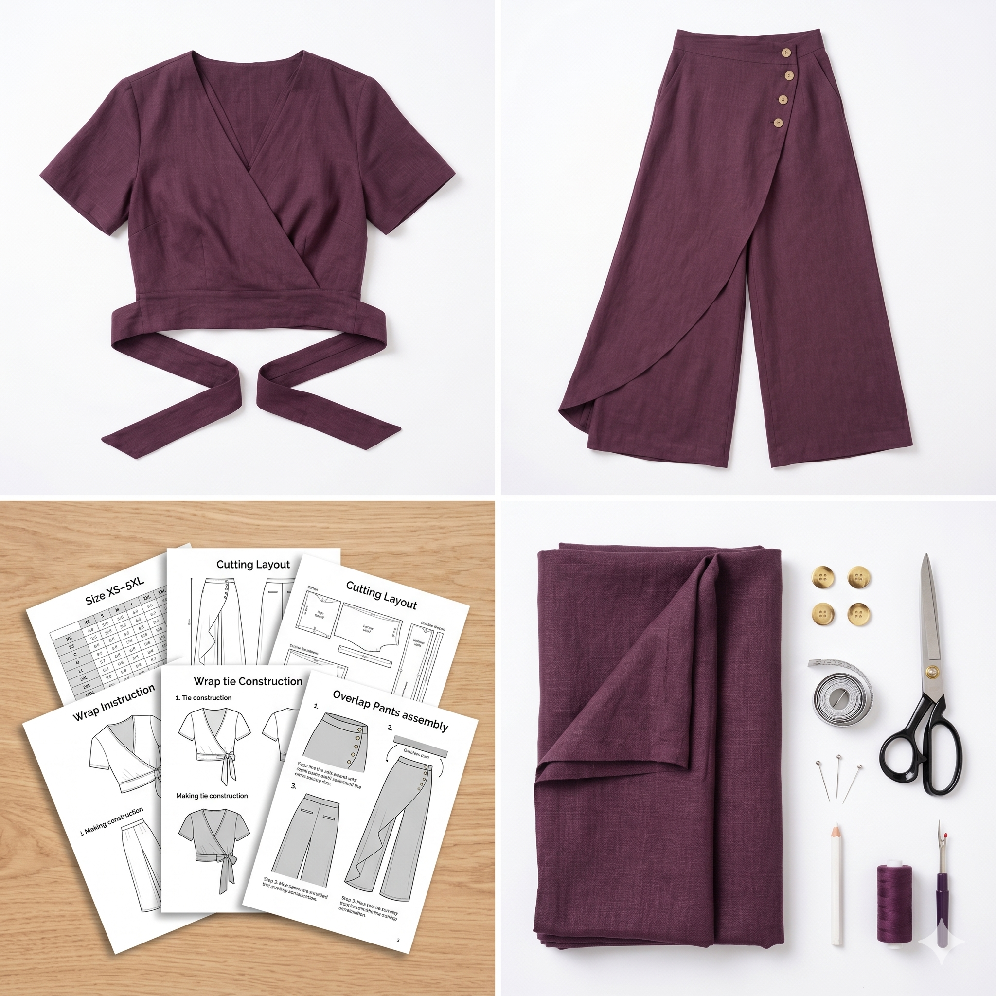 Boho Wrap Co-Ord Set PDF Sewing Pattern, Wide Leg Pants, Linen Outfit (Digital Download)