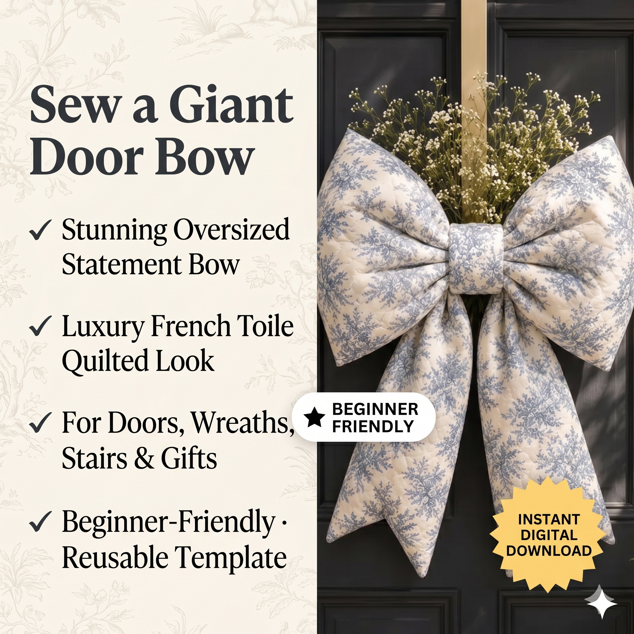 Giant Quilted Bow Sewing Pattern PDF | Oversized Door Bow Template | DIY Front Door Fabric Bow Decor