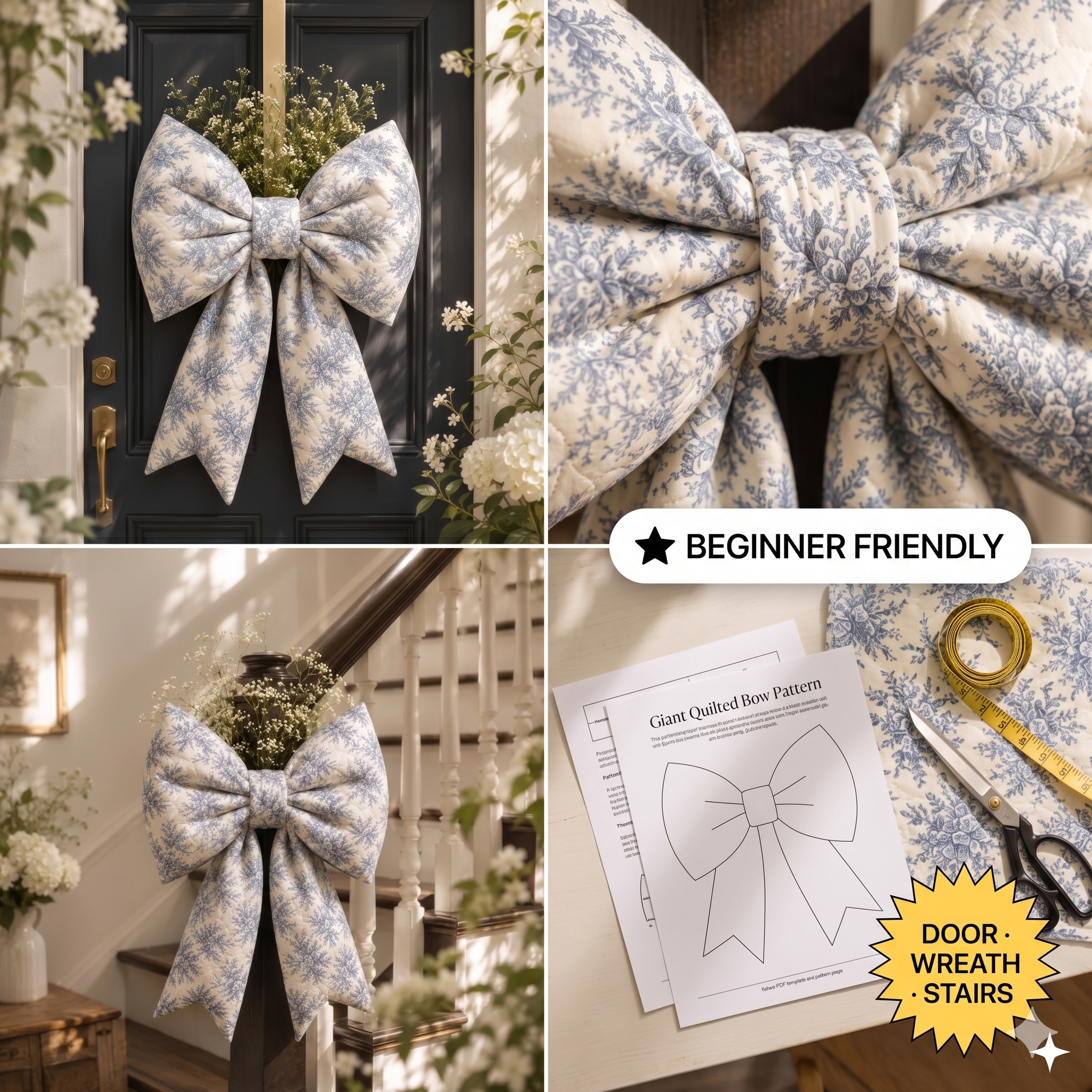 Giant Quilted Bow Sewing Pattern PDF | Oversized Door Bow Template | DIY Front Door Fabric Bow Decor