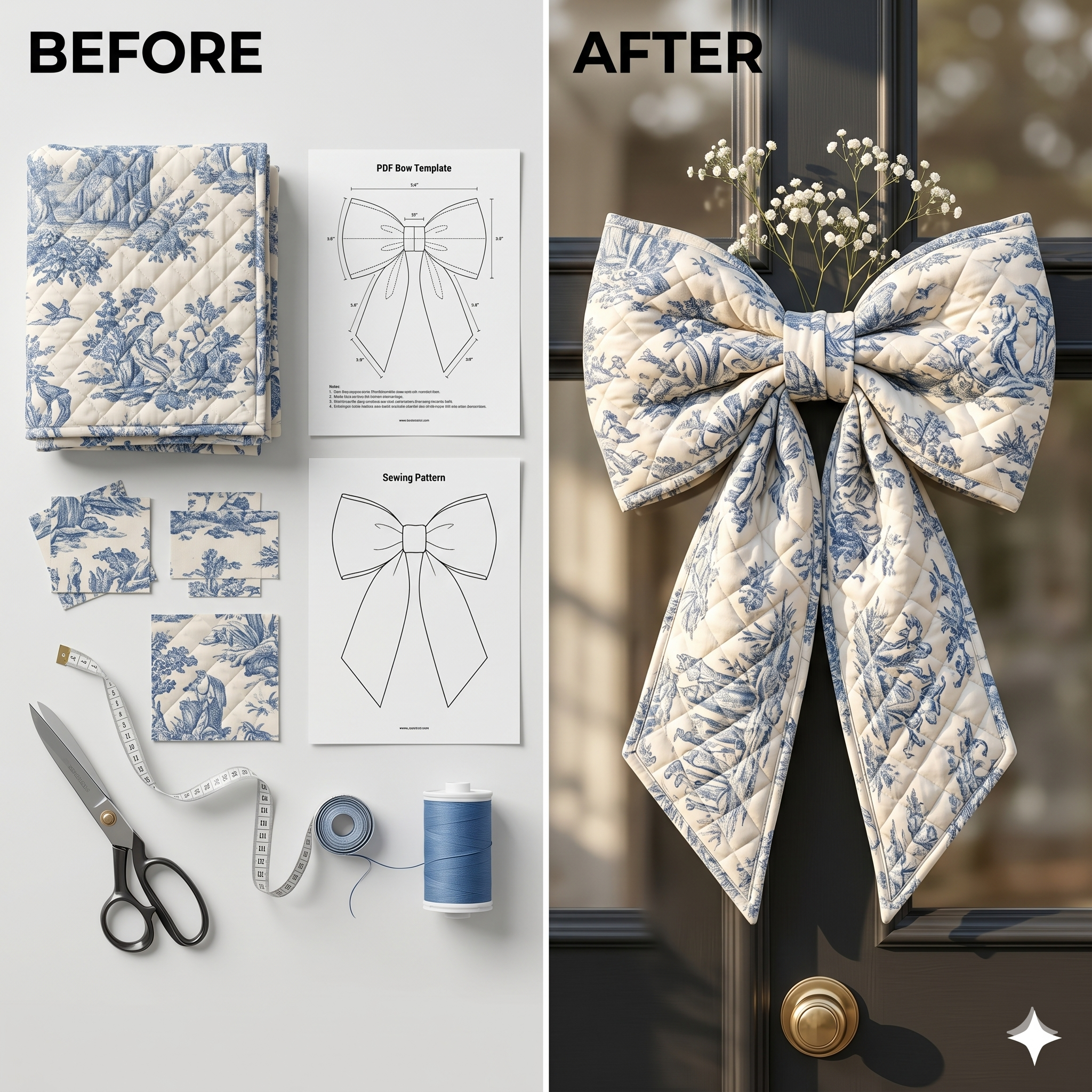 Giant Quilted Bow Sewing Pattern PDF | Oversized Door Bow Template | DIY Front Door Fabric Bow Decor
