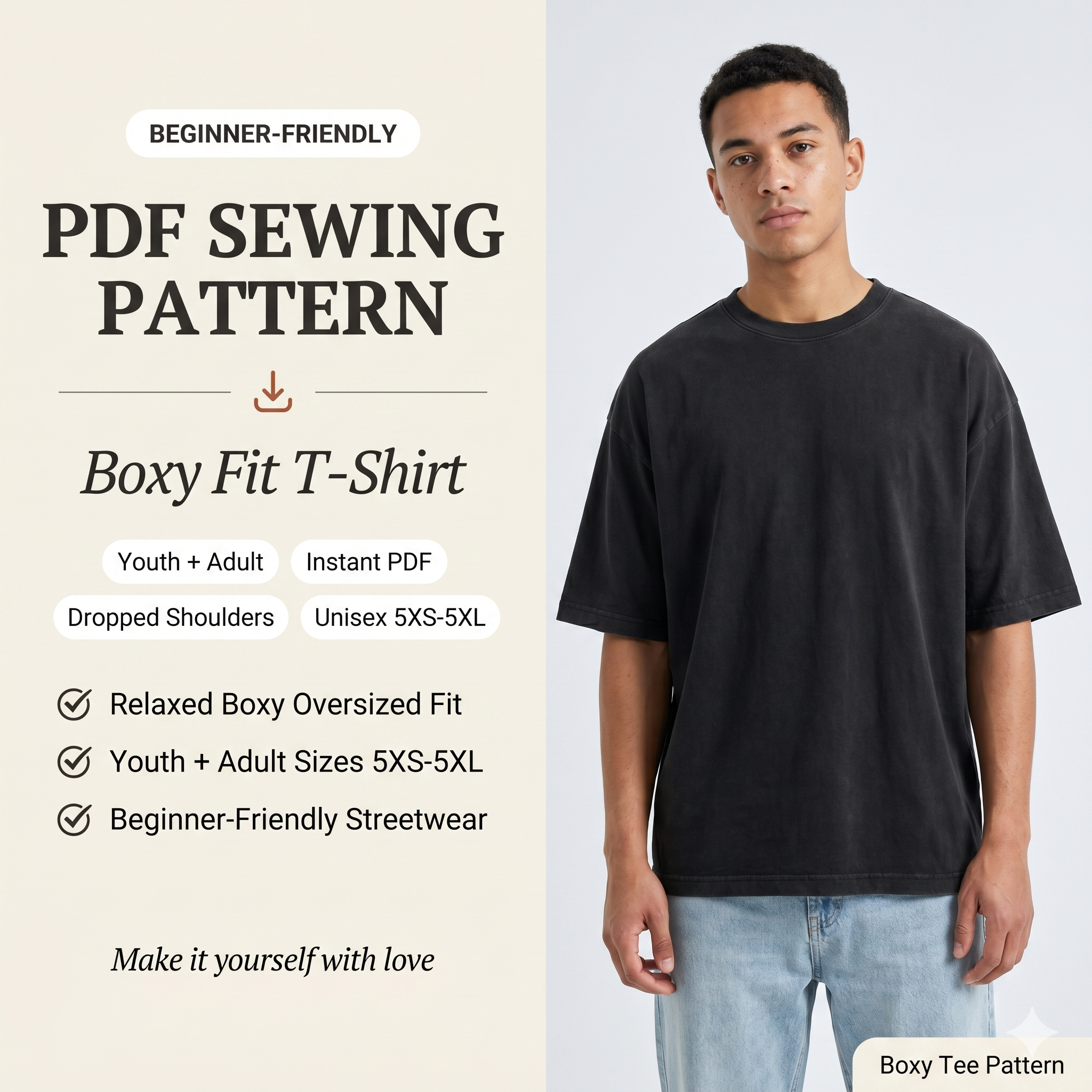 Boxy Fit T Shirt Sewing Pattern PDF, Unisex Oversized Tee Pattern, Youth & Adult Sizes 5XS–5XL, A4 Digital Download, Beginner Friendly