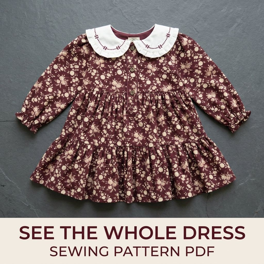 Girls Burgundy Tiered Dress Sewing Pattern PDF – Floral Dress with Embroidered Collar