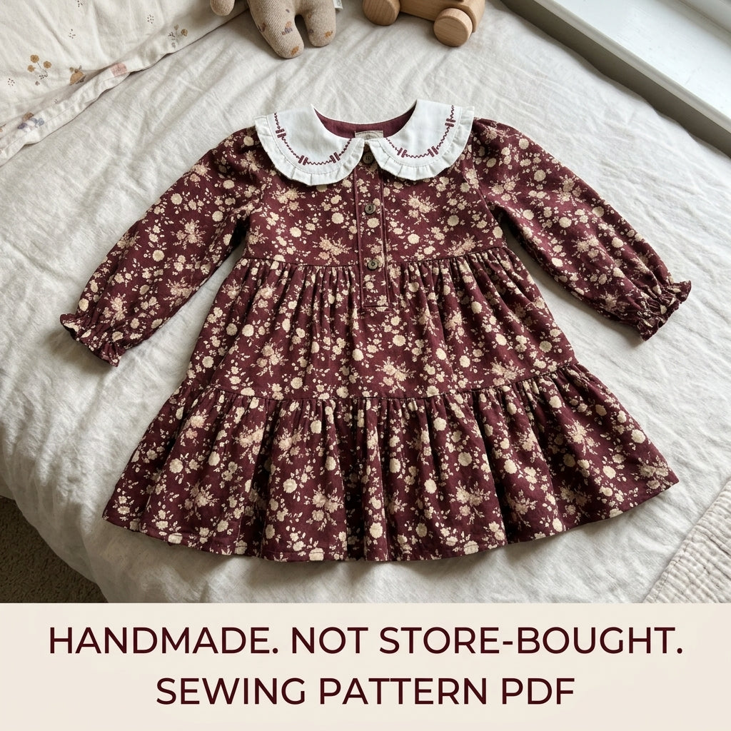 Girls Burgundy Tiered Dress Sewing Pattern PDF – Floral Dress with Embroidered Collar