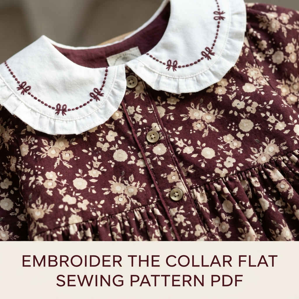 Girls Burgundy Tiered Dress Sewing Pattern PDF – Floral Dress with Embroidered Collar