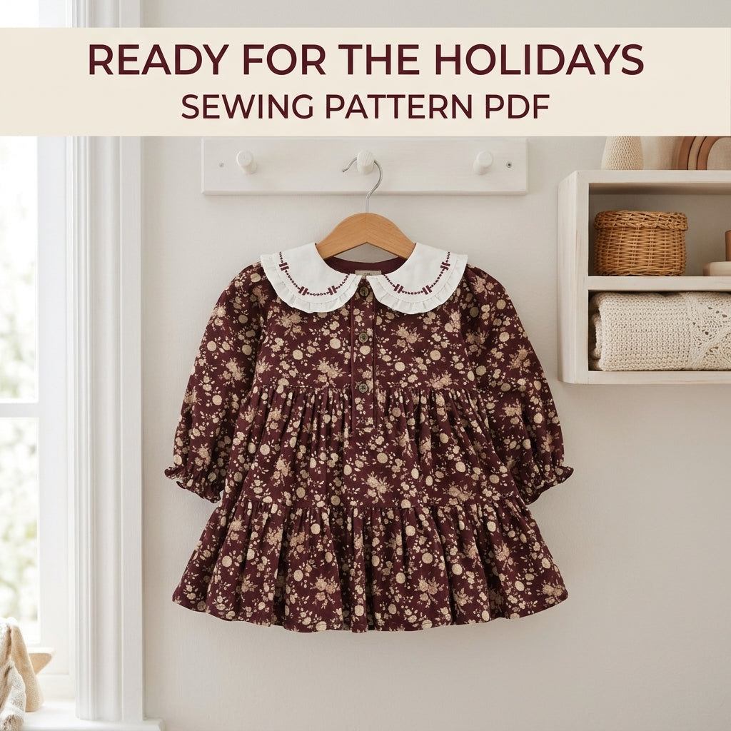 Girls Burgundy Tiered Dress Sewing Pattern PDF – Floral Dress with Embroidered Collar