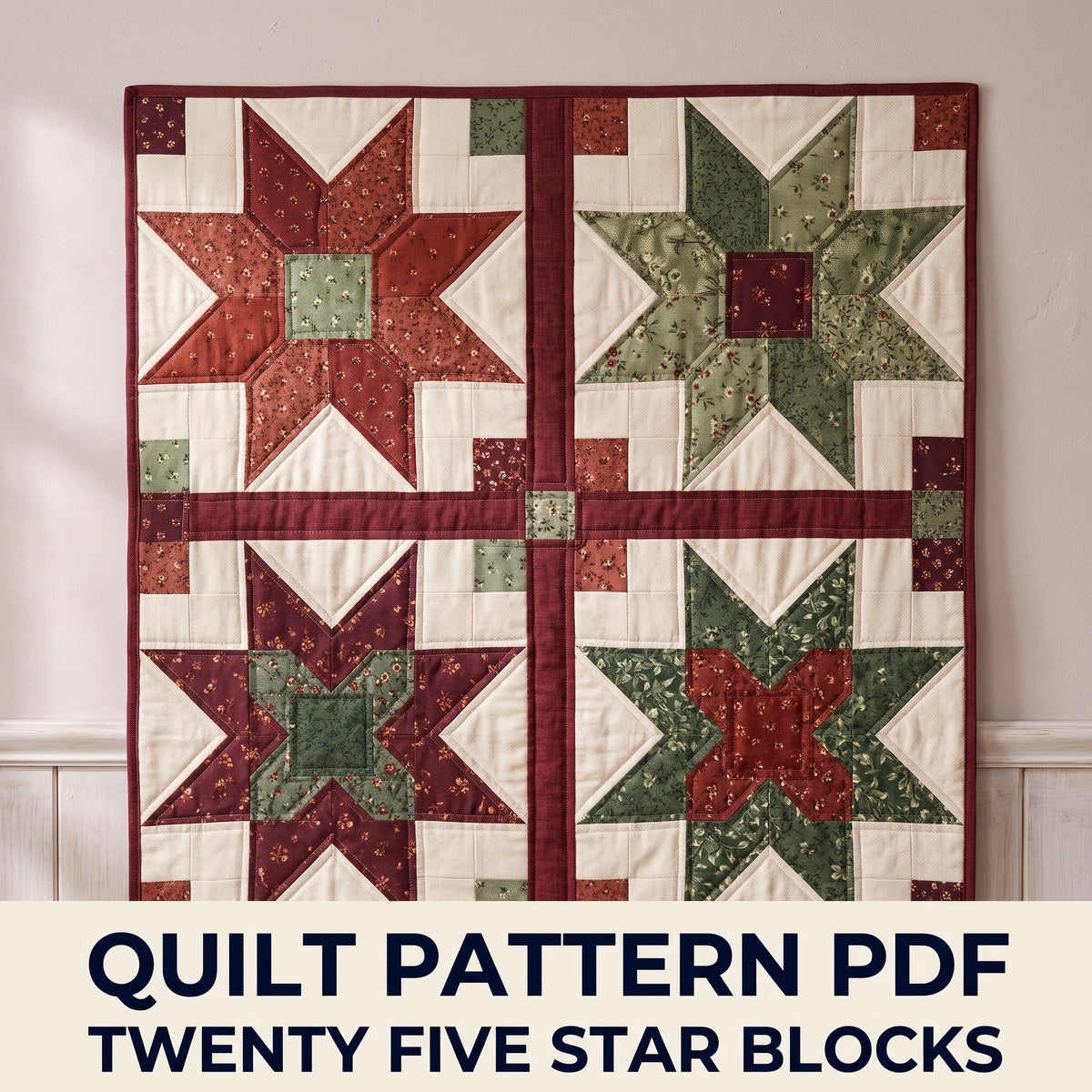 Burgundy and Sage Star Quilt Pattern PDF – 25 Eight-Point Stars with Sashing, Throw Size 50 x 60 in