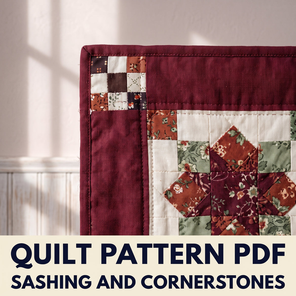 Burgundy and Sage Star Quilt Pattern PDF – 25 Eight-Point Stars with Sashing, Throw Size 50 x 60 in