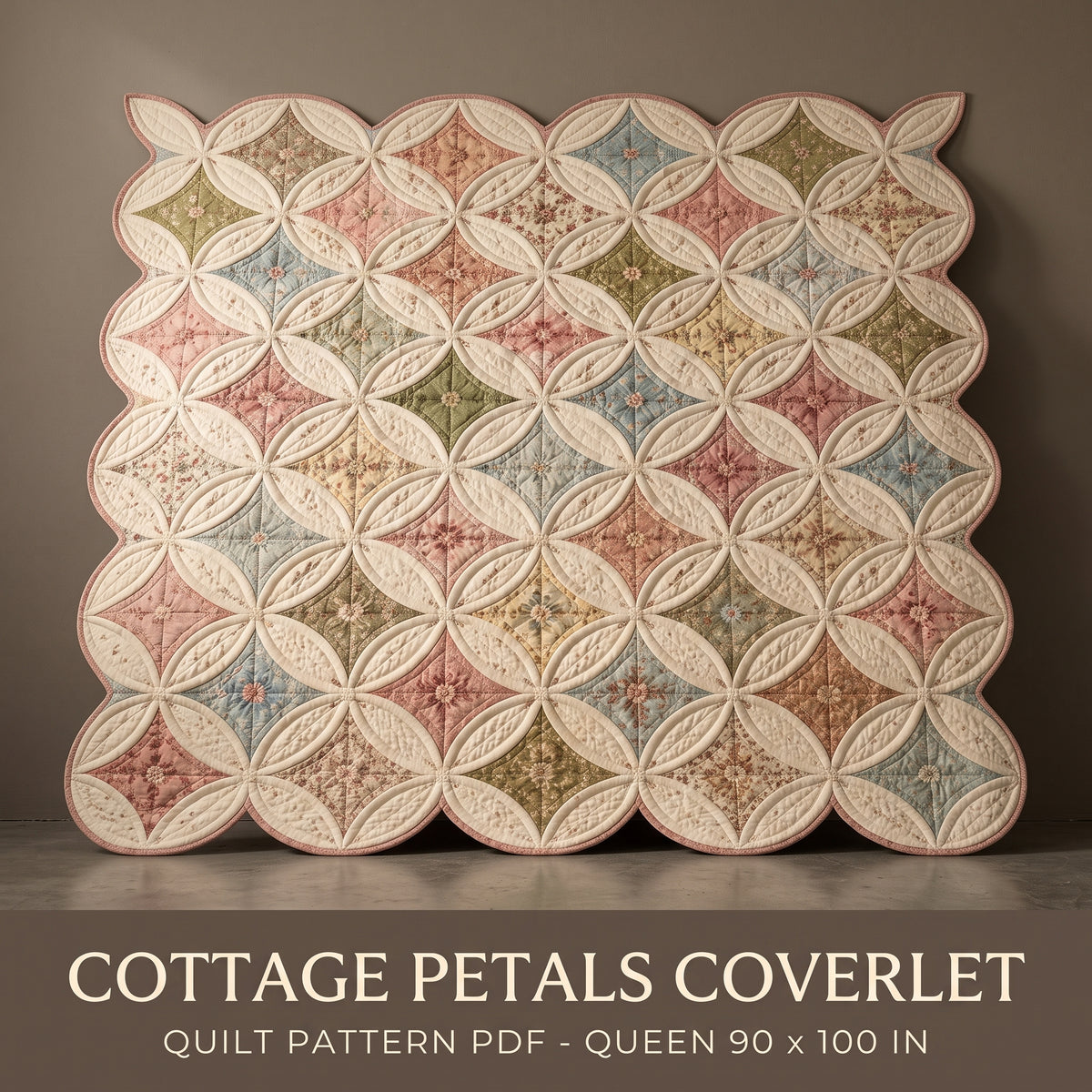 Cathedral Window Style Quilt Pattern PDF, Queen Coverlet, Appliqué